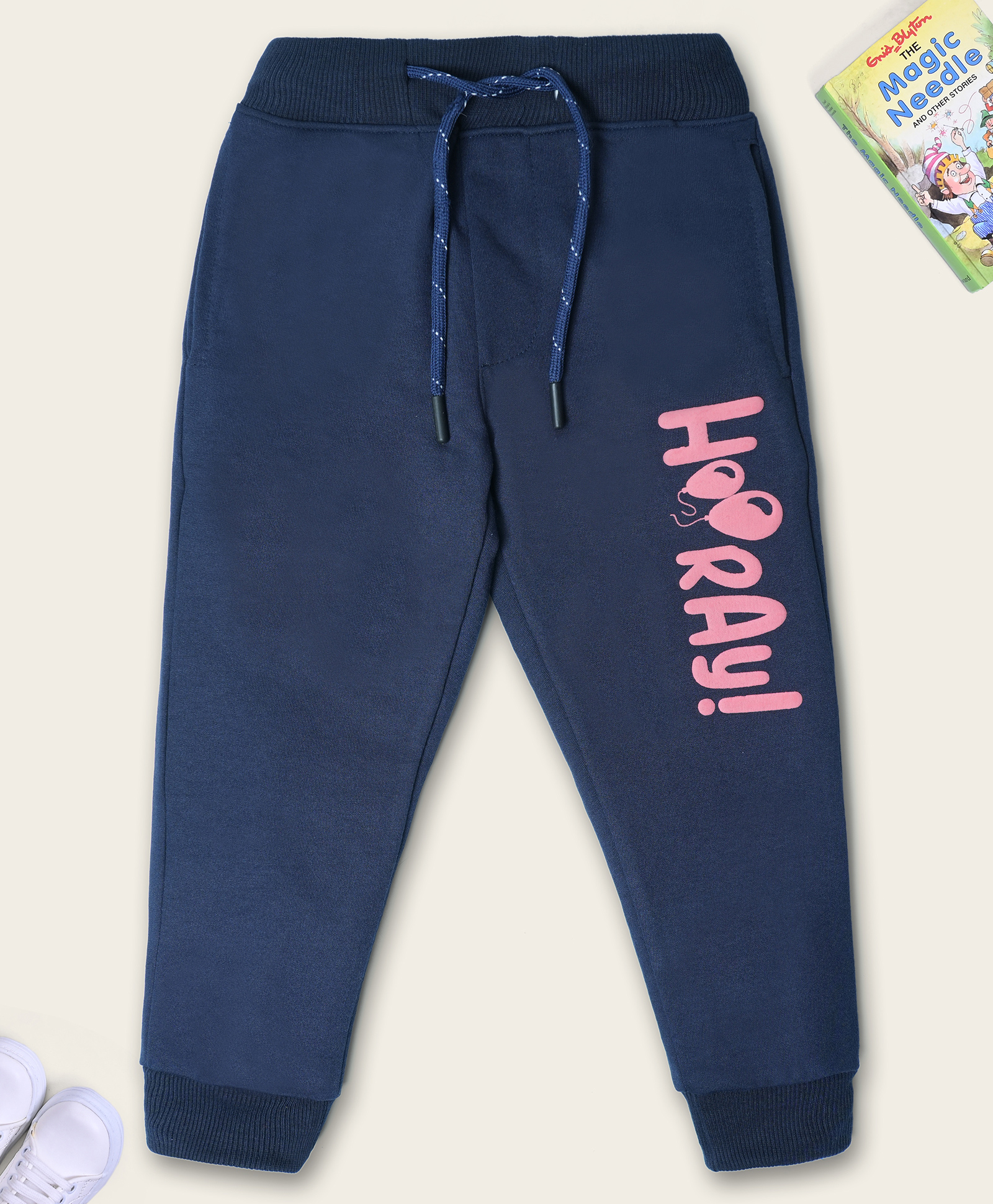 Nino Togs Cotton Loop Knit Hooray Text Printed Joggers - Navy Blue & Peach-image-11