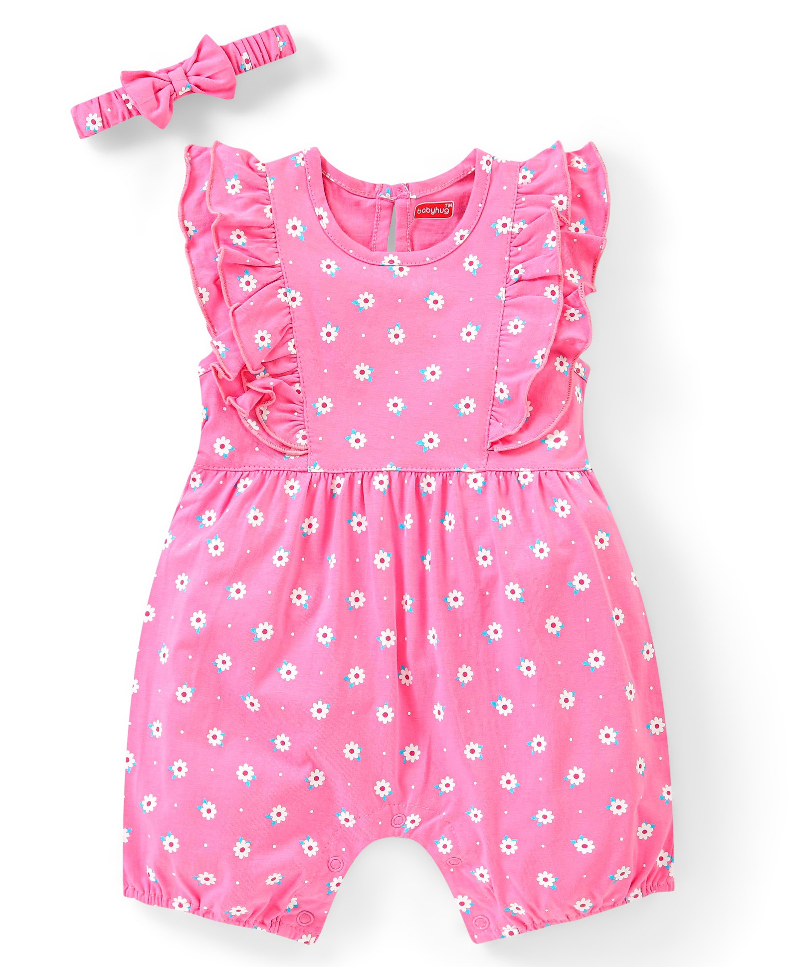 Babyhug 100% Cotton Knit Frill Sleeves Floral Print Romper with Headband - Pink-image-1