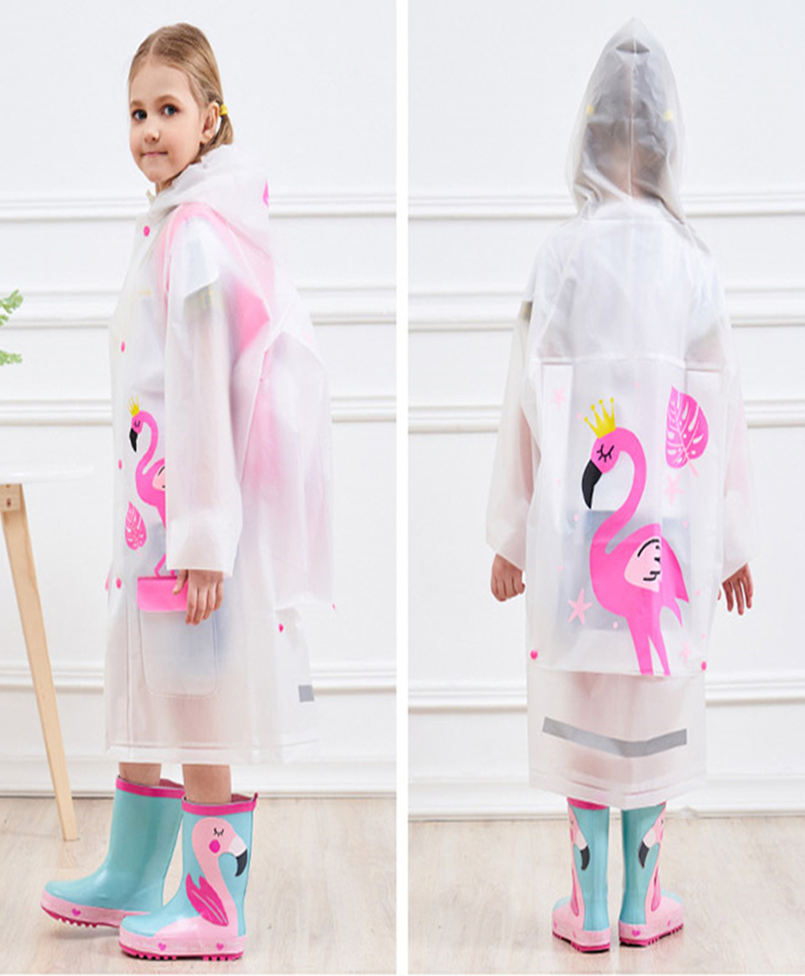Pine Kids Full Sleeves Hooded Calf Length Raincoat Flamingo Print - White & Pink-image-29