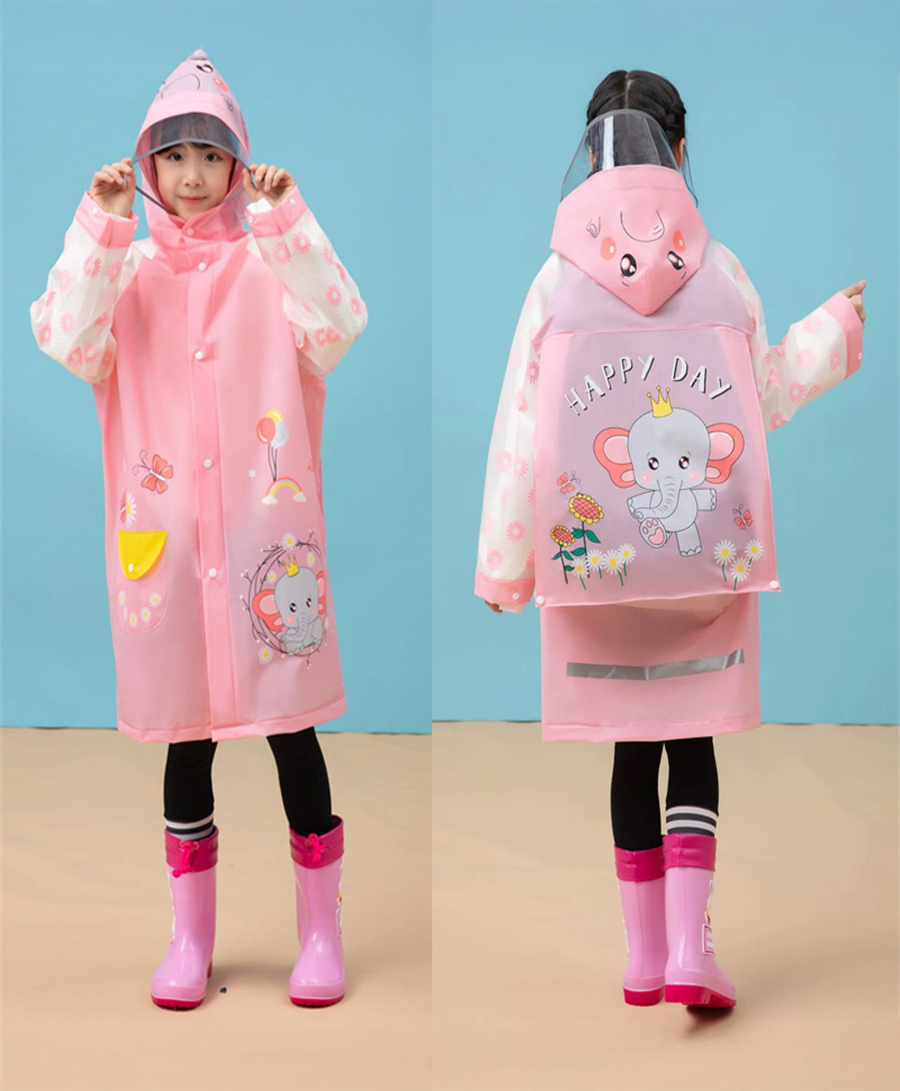 Babyhug Full Sleeves Knee Length Hooded Raincoat Elephant Print - Peach