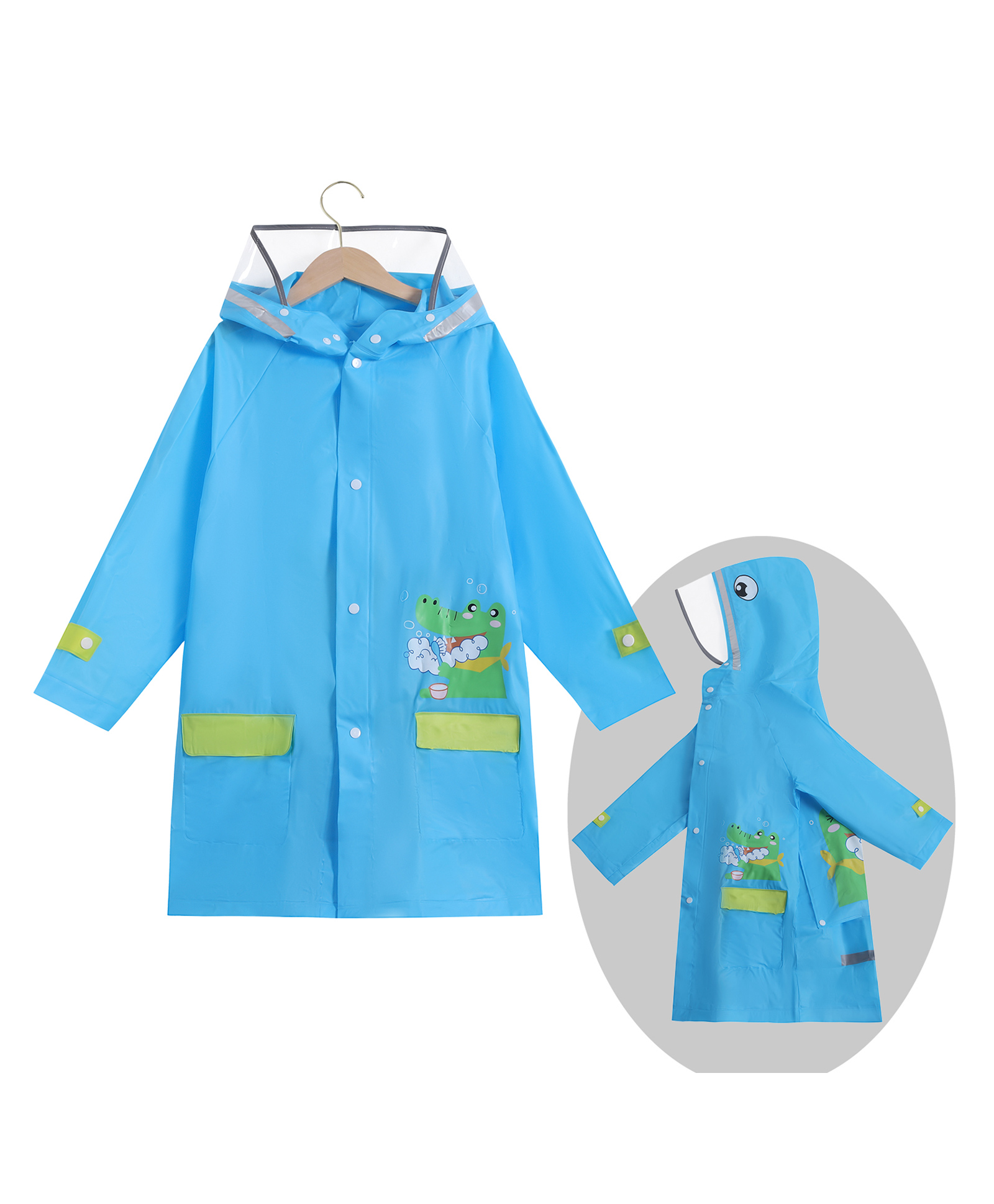 Babyhug Full Sleeves Hooded Raincoat Crocodile Print - Blue