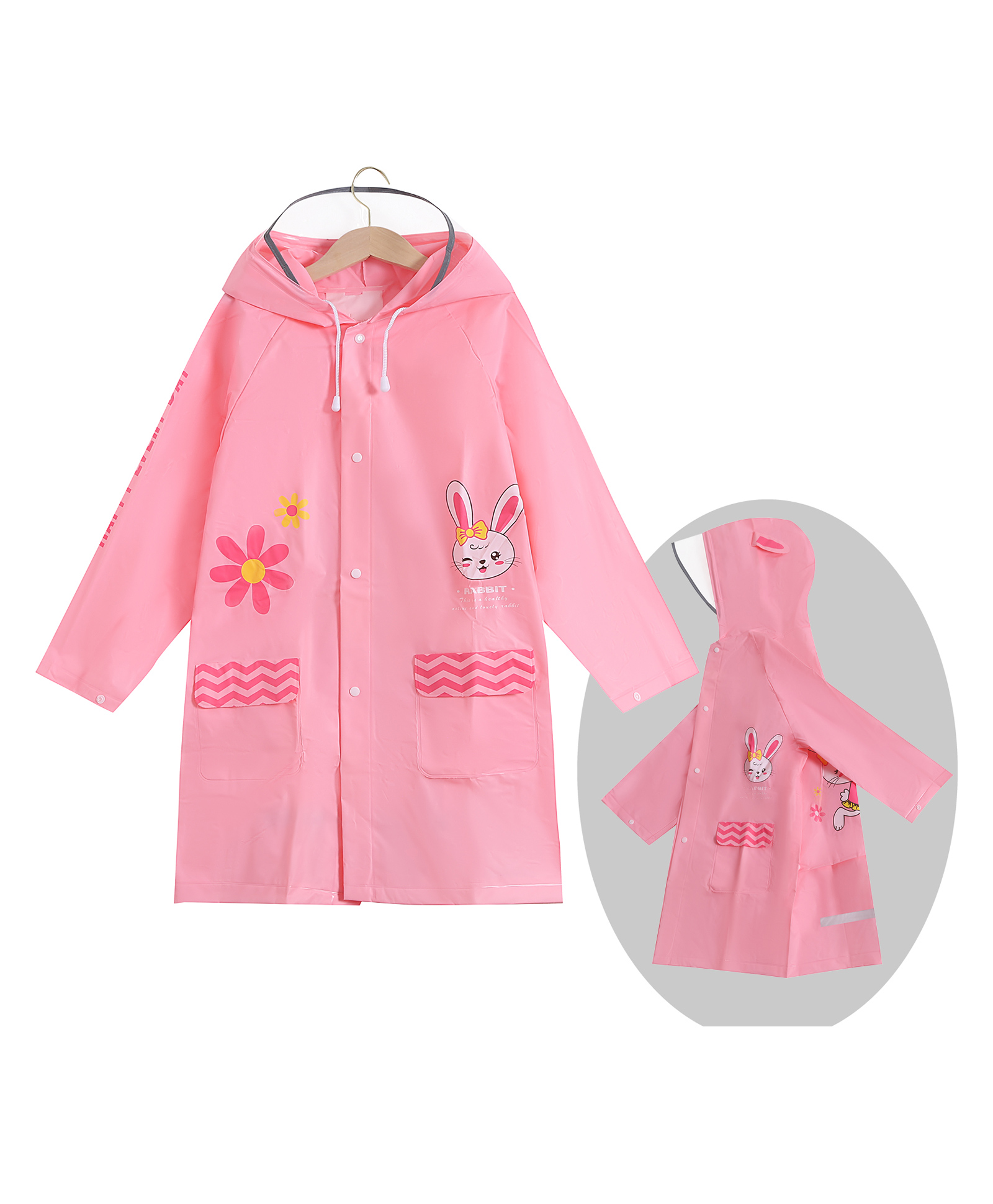Babyhug Full Sleeves Hooded Raincoat Bunny Print - Light Pink