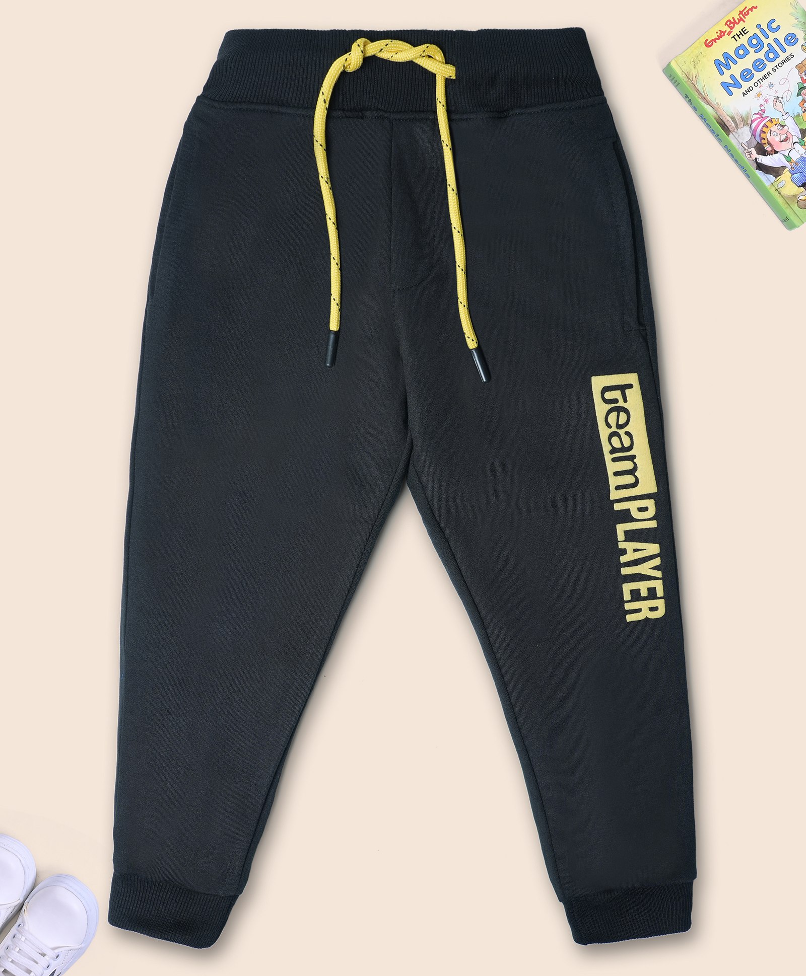 Nino Togs Cotton Loop Knit Team Player Text Embroidered Joggers - Black & Yellow-picture-14