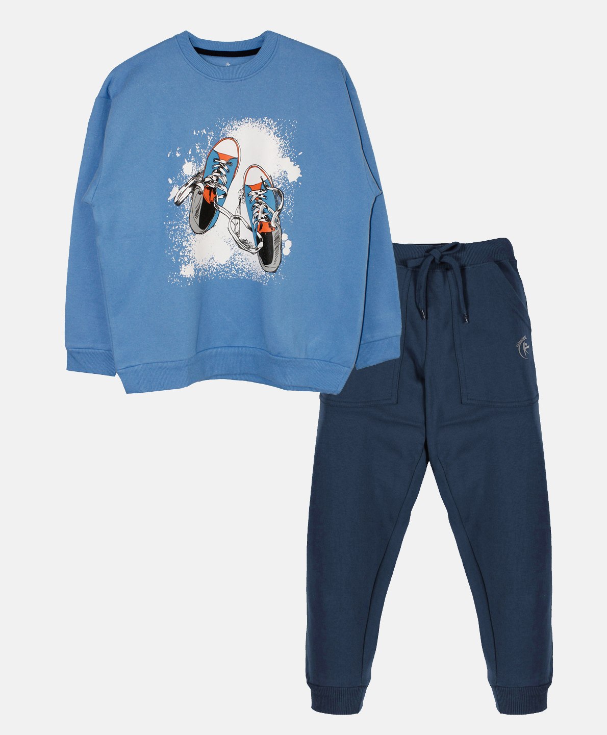 Kiddopanti Fleece Full Sleeves Shoes Printed  Sweatshirt With Joggers Track Set - Ink Blue & Navy Blue-image-48
