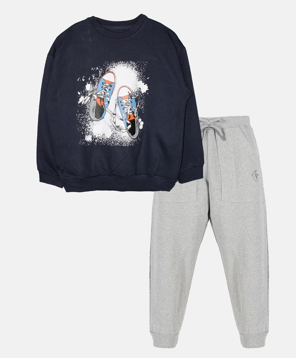 Kiddopanti Fleece Full Sleeves Shoes Printed Sweatshirt With Joggers Track Set - Navy Blue & Grey Melange-picture-15