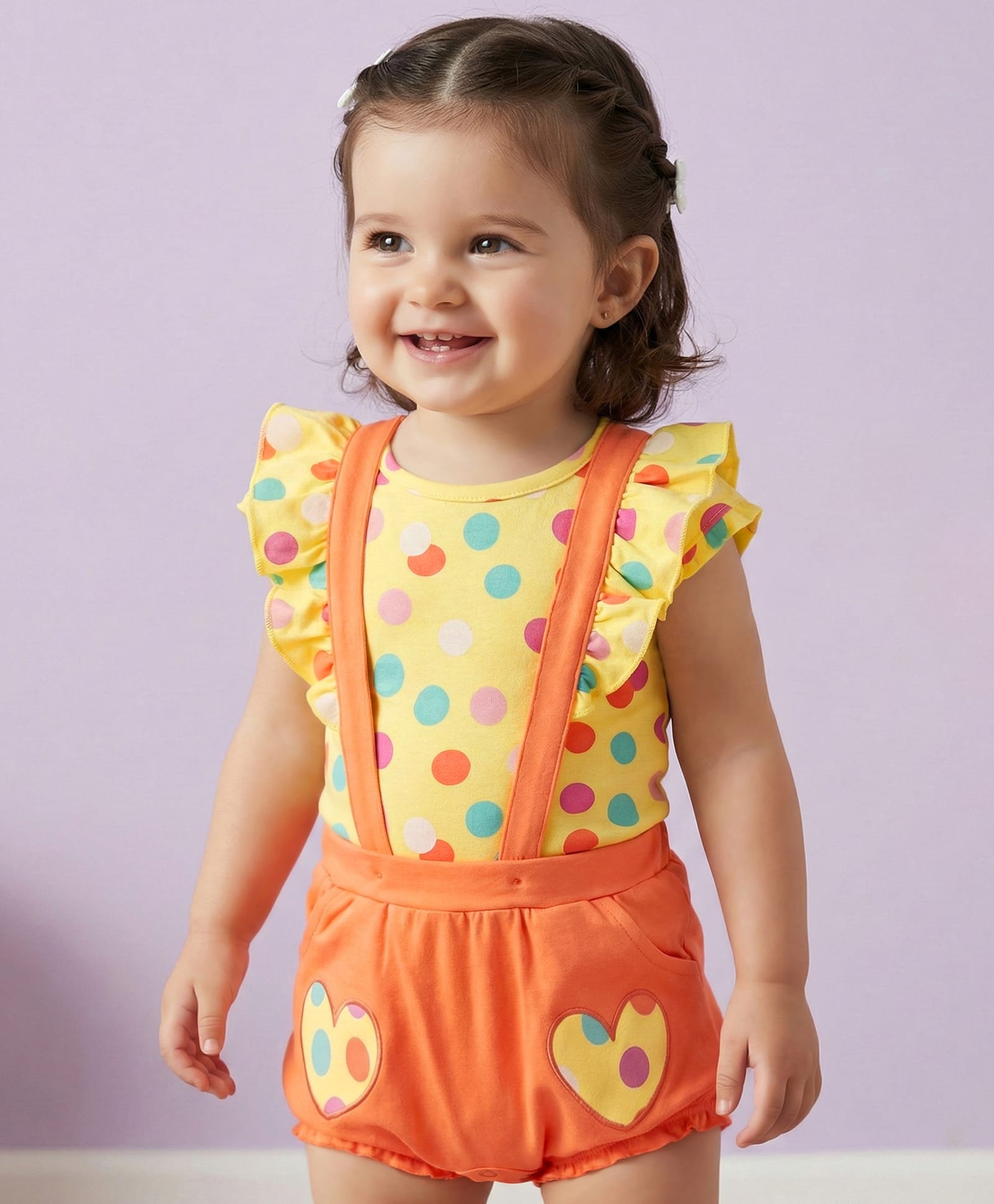 Babyoye Eco Conscious Cotton Knit Dungaree & T-Shirt Polka Dots Print - Pink & Orange-image-35