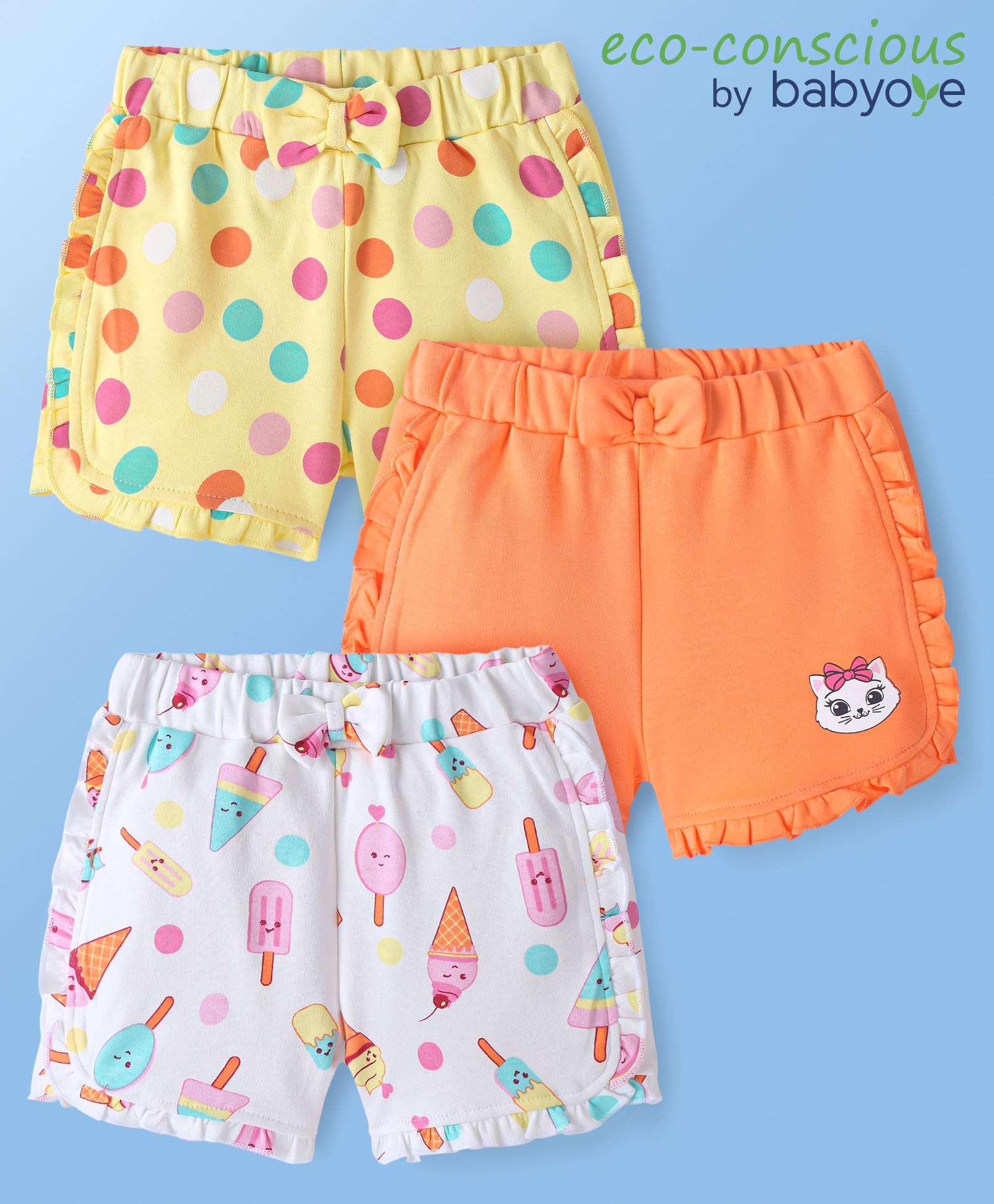 Babyoye Eco Conscious Cotton Knit Shorts Solid Polka Dot & Ice Cream Print & Bow Applique  Pack of 3- Pink & Orange & White-image-34