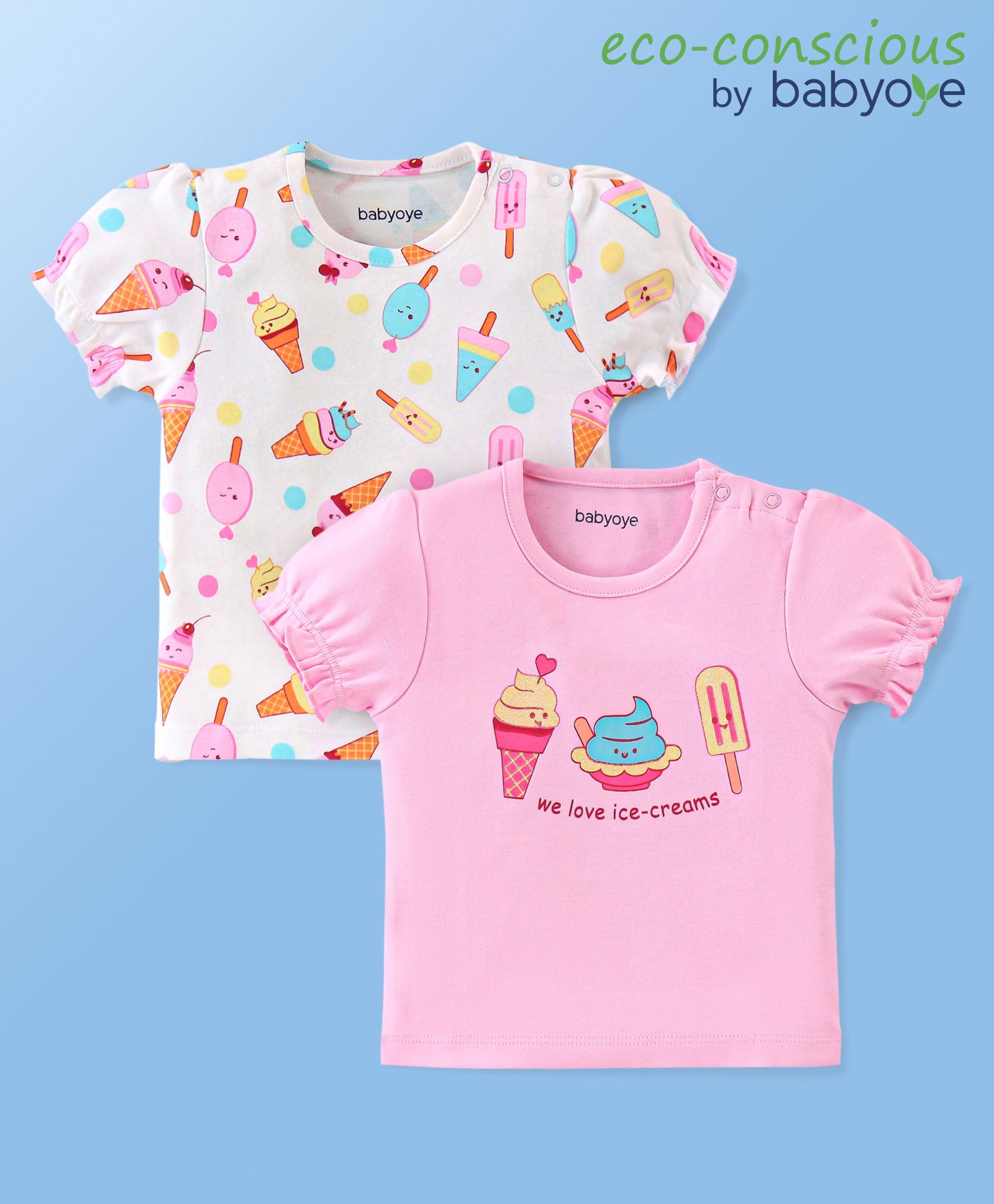 Babyoye Eco Conscious Cotton Half Sleeves T-Shirt With Ice Cream Print Pack Of 2- Pink & White-image-49