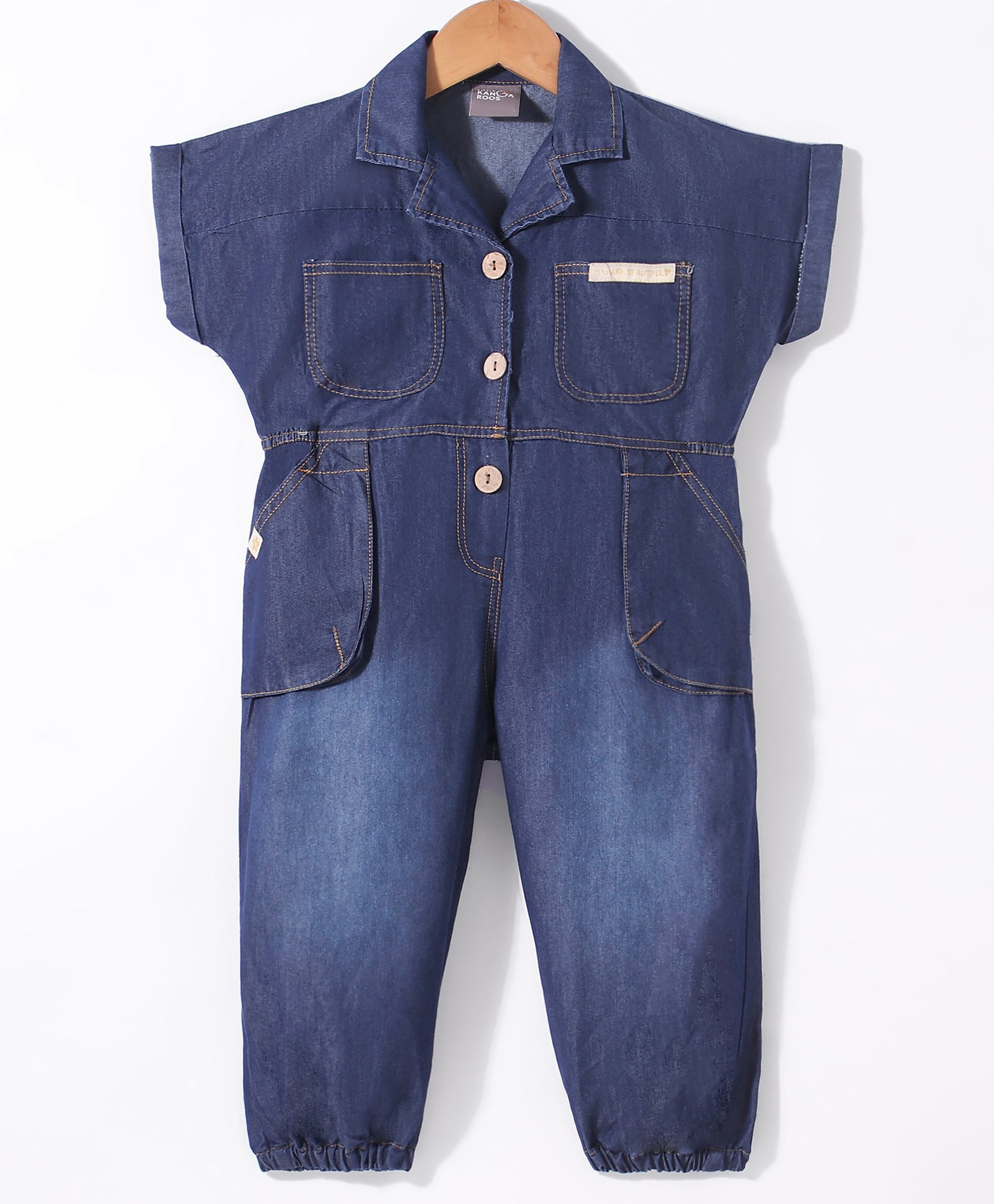 Little Kangaroos 100% Cotton Knit Half Sleeves Denim Dungaree - Light Blue
