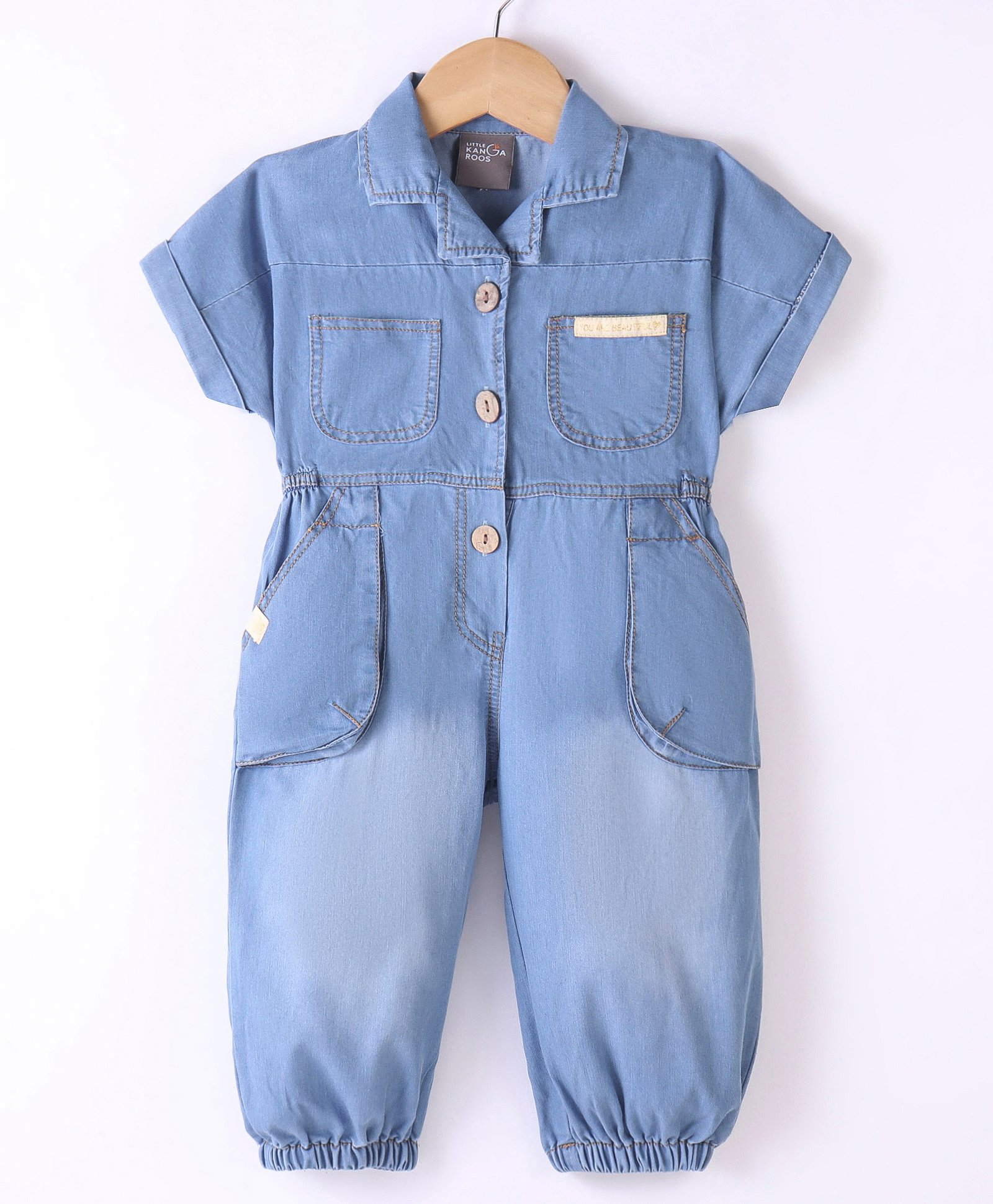 Little Kangaroos 100% Cotton Knit Half Sleeves Denim Dungaree - Ice Blue