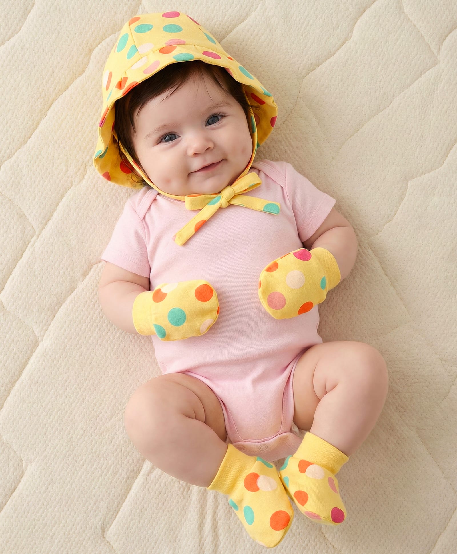 Babyoye Eco Conscious Cotton Cap Mitten & Booties Set with Polka Dot Print - Yellow-picture-23