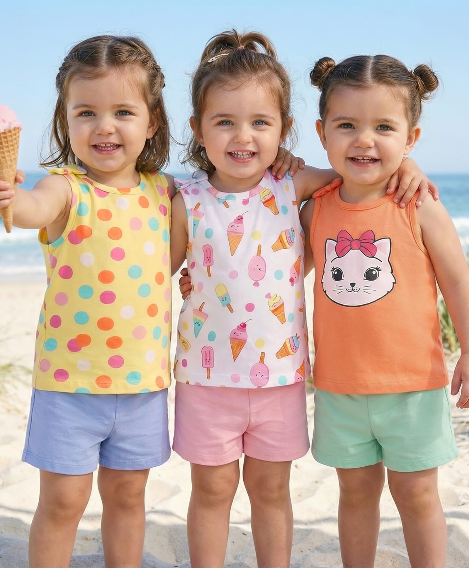 Babyoye Cotton Knit Sleeveless Kitty & Polka Dots Printed T-Shirts Pack of 3 - Multicolour-image-28