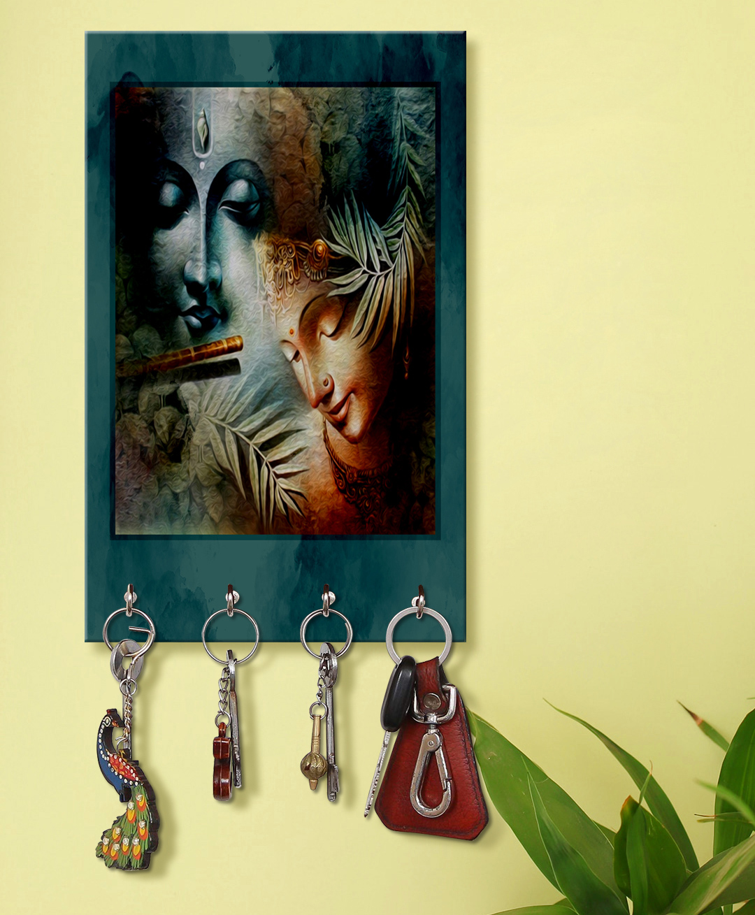 999Store Stylish Wood Wall Mount Decorative Key Holder - Radha Krishna-image-3