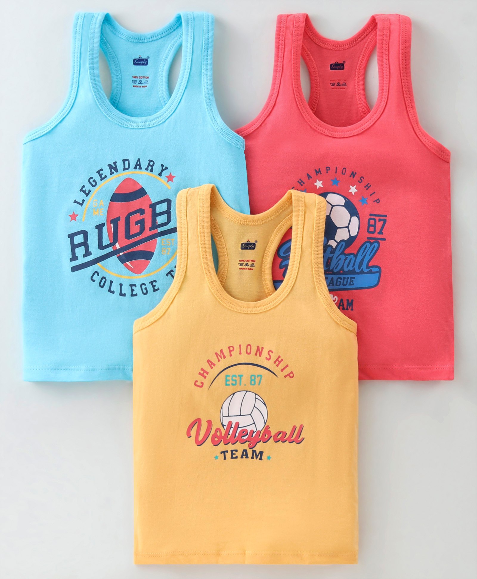 Simply Interlock Sleeveless Set Of Vest With Ball Print Pack Of 3 -Sky Blue Yellow & Red-image-46