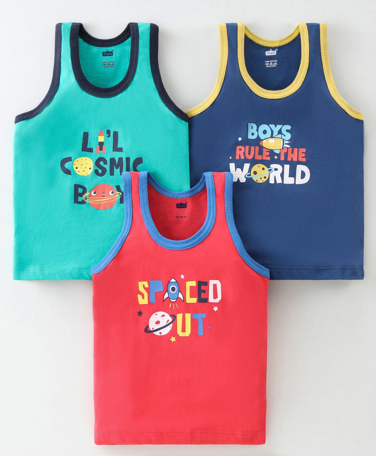 Simply Interlock Sleeveless Vests Text Print Pack of 3 - Green Red & Blue-image-41