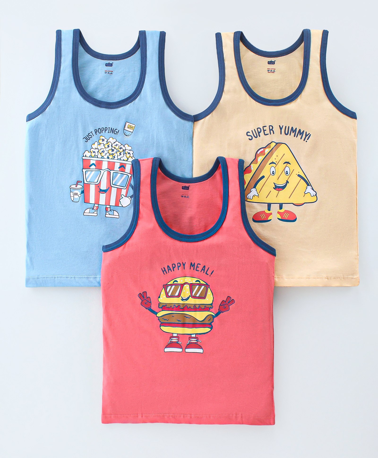 Simply Interlock Sleeveless Fast Food Printed Vests Pack of 3 - Sky Blue Cream & Red-image-43