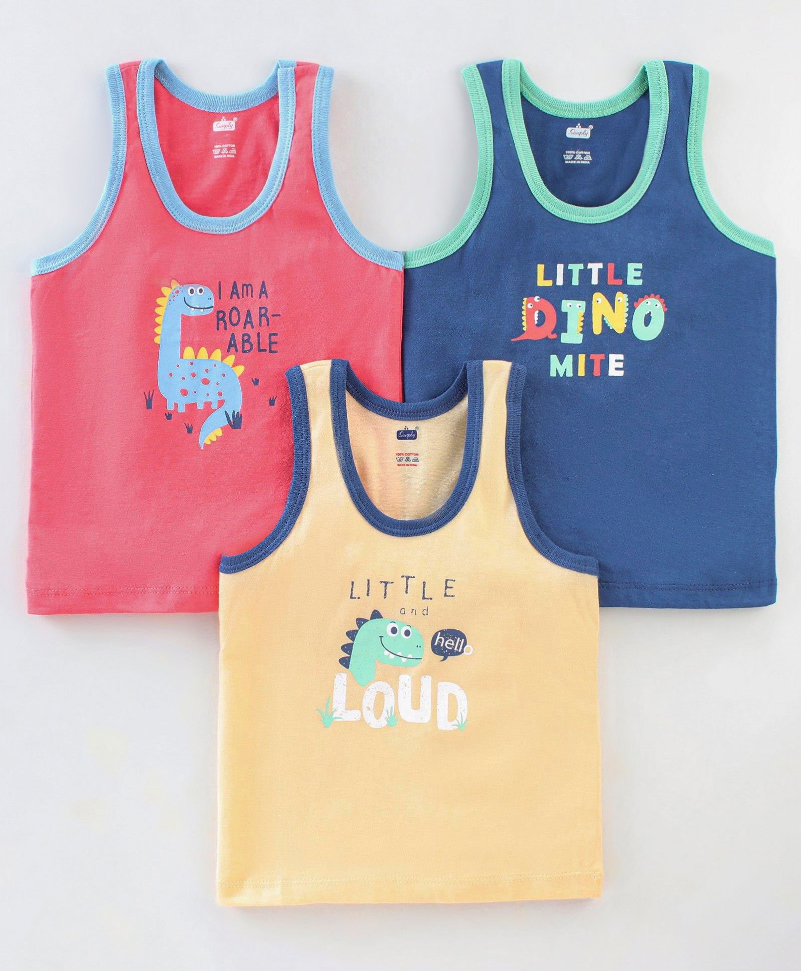 Simply Interlock Sleeveless Vests Dino Print Pack of 3 - Navy Yellow & Red-image-25