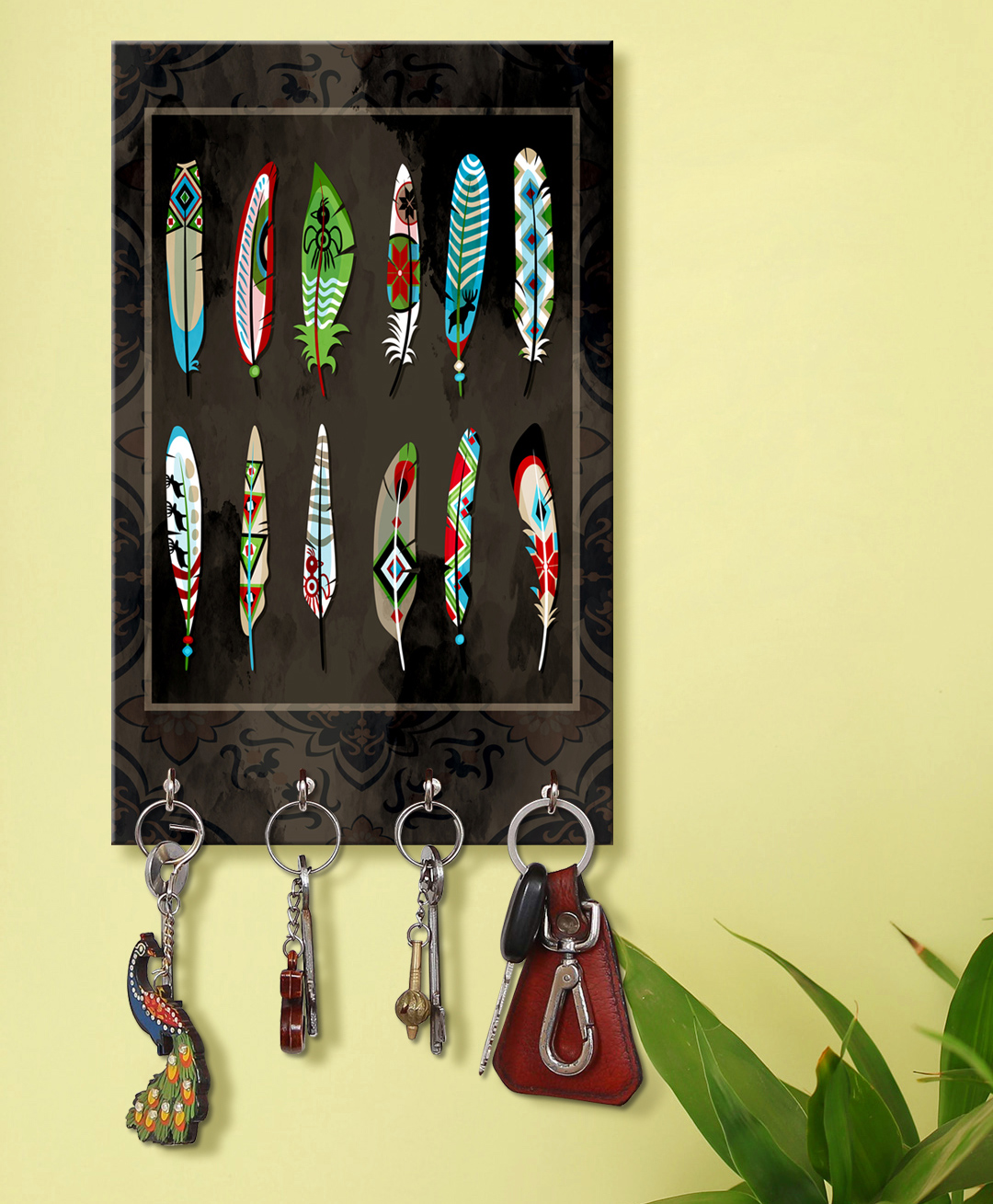 999Store Stylish Wood Wall Mount Decorative Key Holder - Feathers Print Animals-picture-18