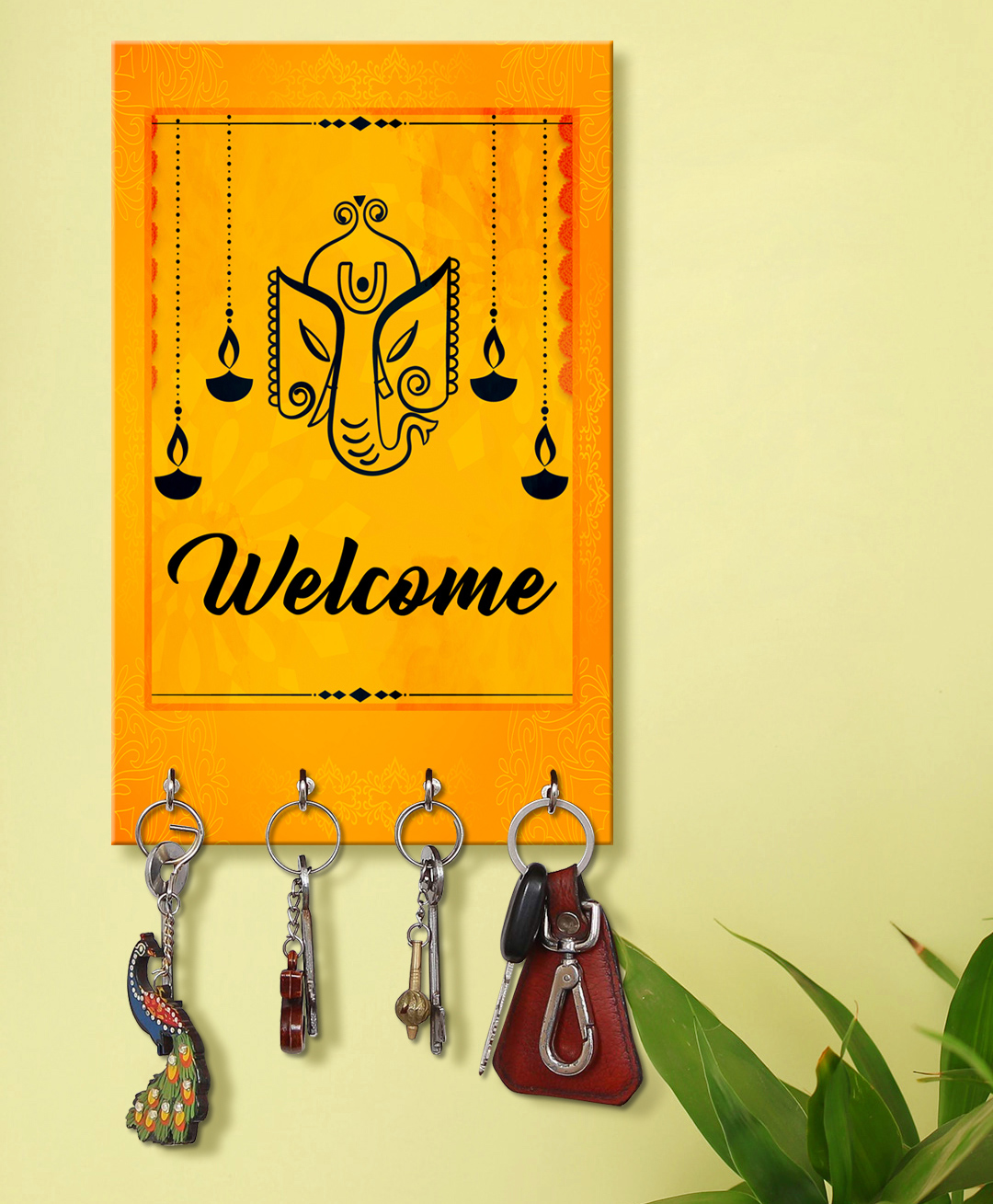 999Store Stylish Wood Wall Mount Decorative Key Holder - Ganesha Face with Welcome-picture-24