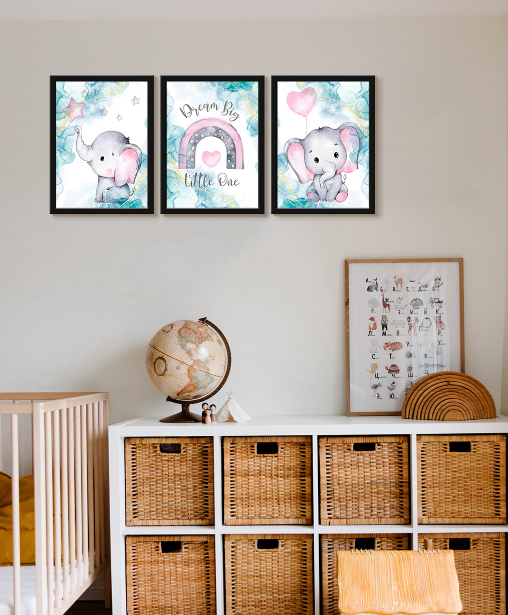 999Store Modern Art Kids Painting For Wall Decor - Baby Elephant With Star and Heart Shape Balloon-image-3