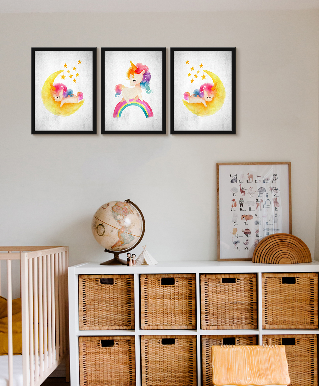 999Store Modern Art Kids Painting For Wall Decor - Unicorn Rainbow and Sleep In Half Moon-image-3
