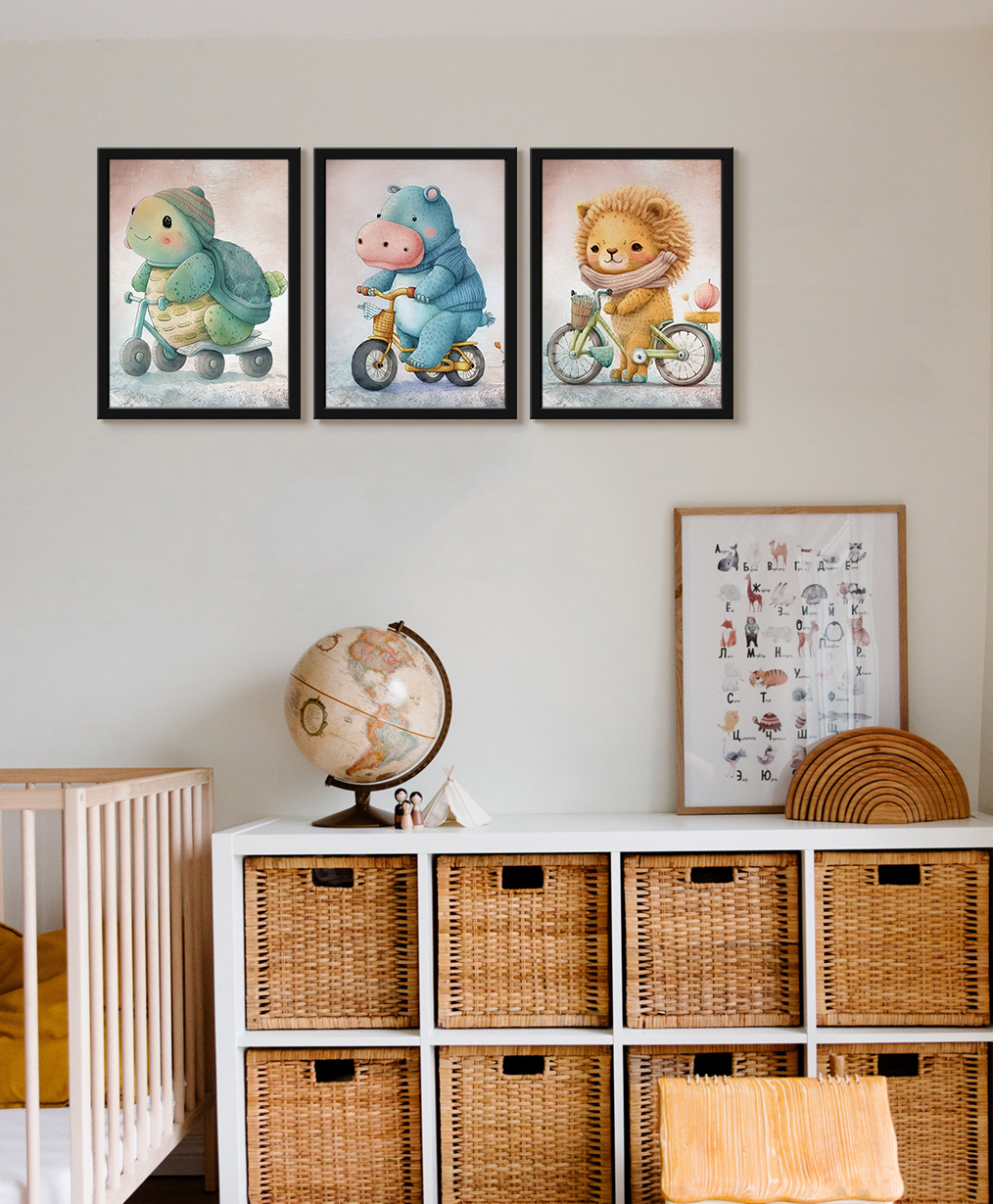 999Store Modern Art Kids Painting For Wall Decor - Animals On Cycle Turtle Hippopotamus Lion-image-46