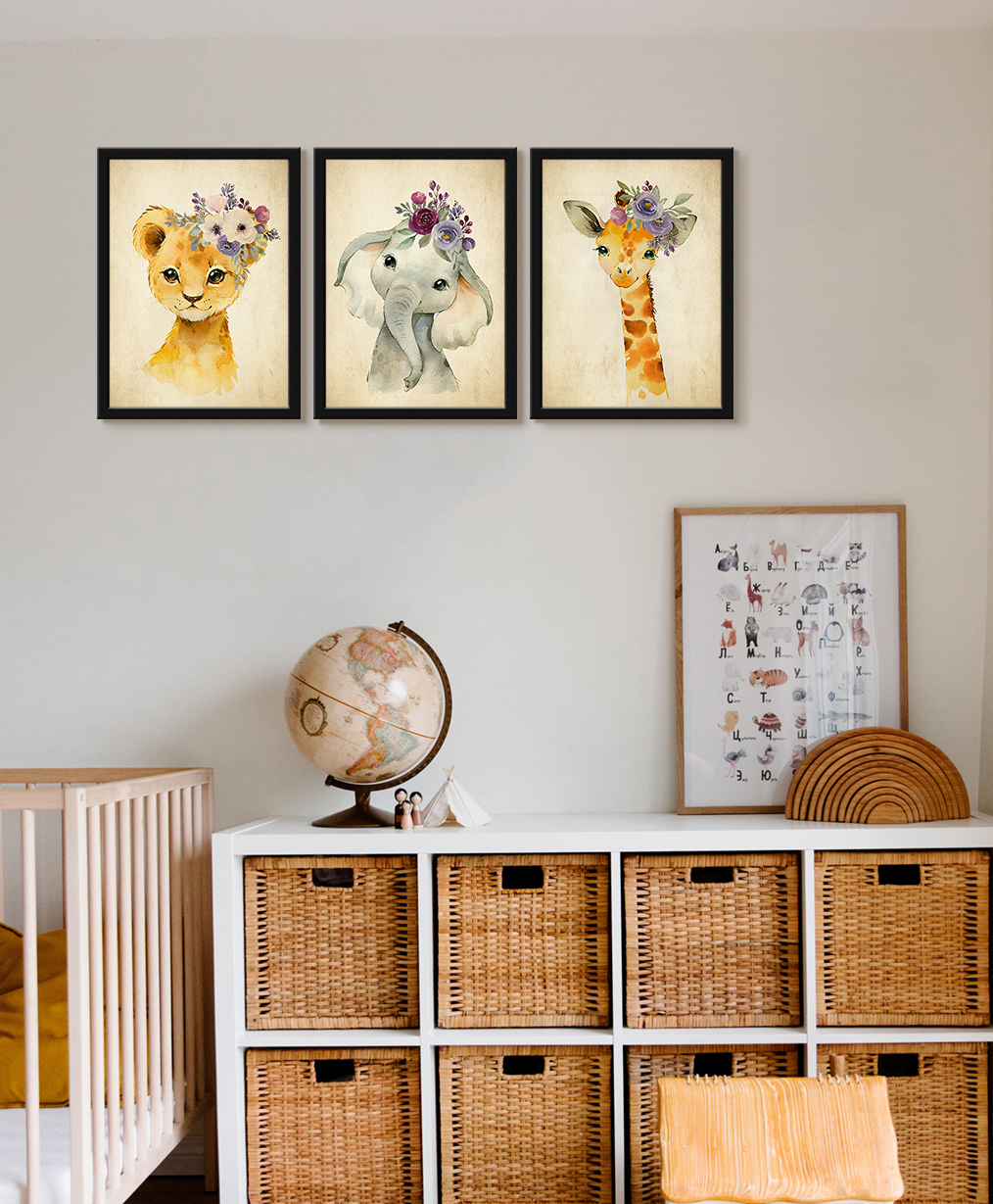 999Store Modern Art Kids Painting For Wall Decor - Three Animal Lion Elephant Giraffe With Flower-image-49