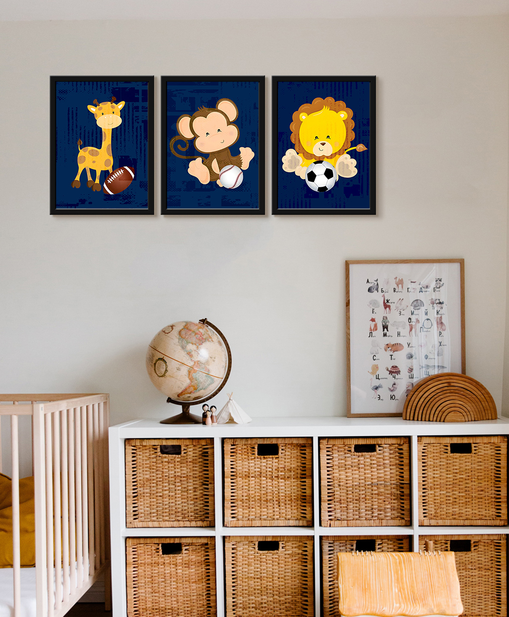 999Store Modern Art Kids Painting For Wall Decor - Cartoon Animal Giraffe Monkey and Lion Playing With Ball-picture-11