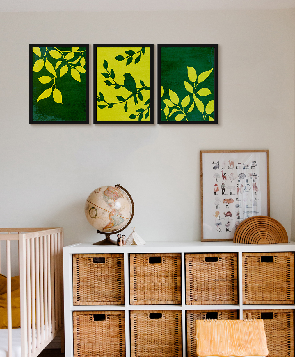 999Store Modern Art Kids Painting For Wall Decor - Leaf Yellow Art With Bird Sitting-image-4