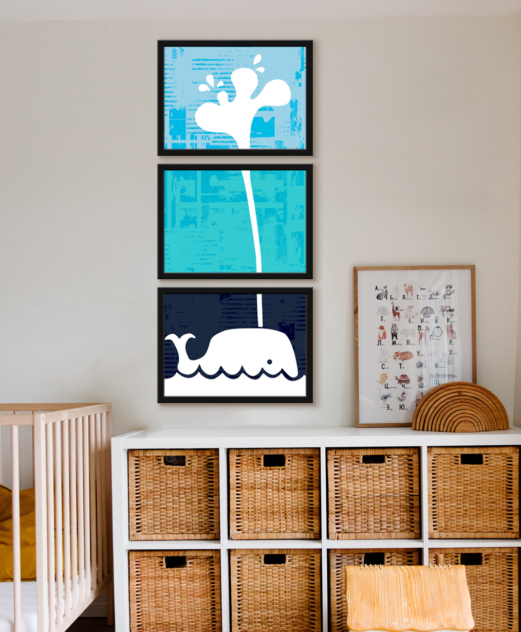 999Store Modern Art Kids Painting For Wall Decor - Cartoon White Spouting Whale-image-34