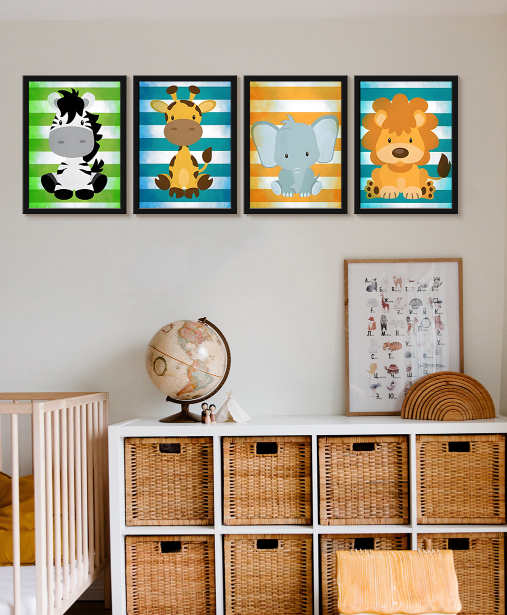 999Store Modern Art Kids Painting For Wall Decor - Cartoon Animal Zebra Giraffe Lion And Elephant-image-7