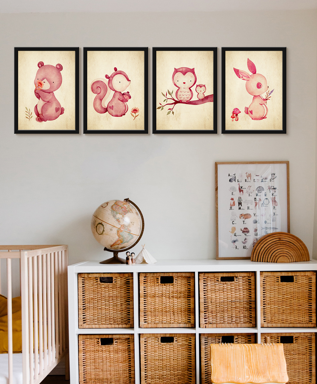 999Store Modern Art Kids Painting For Wall Decor - Animals Art Panda Bunny Owl And Baby Owl-image-19