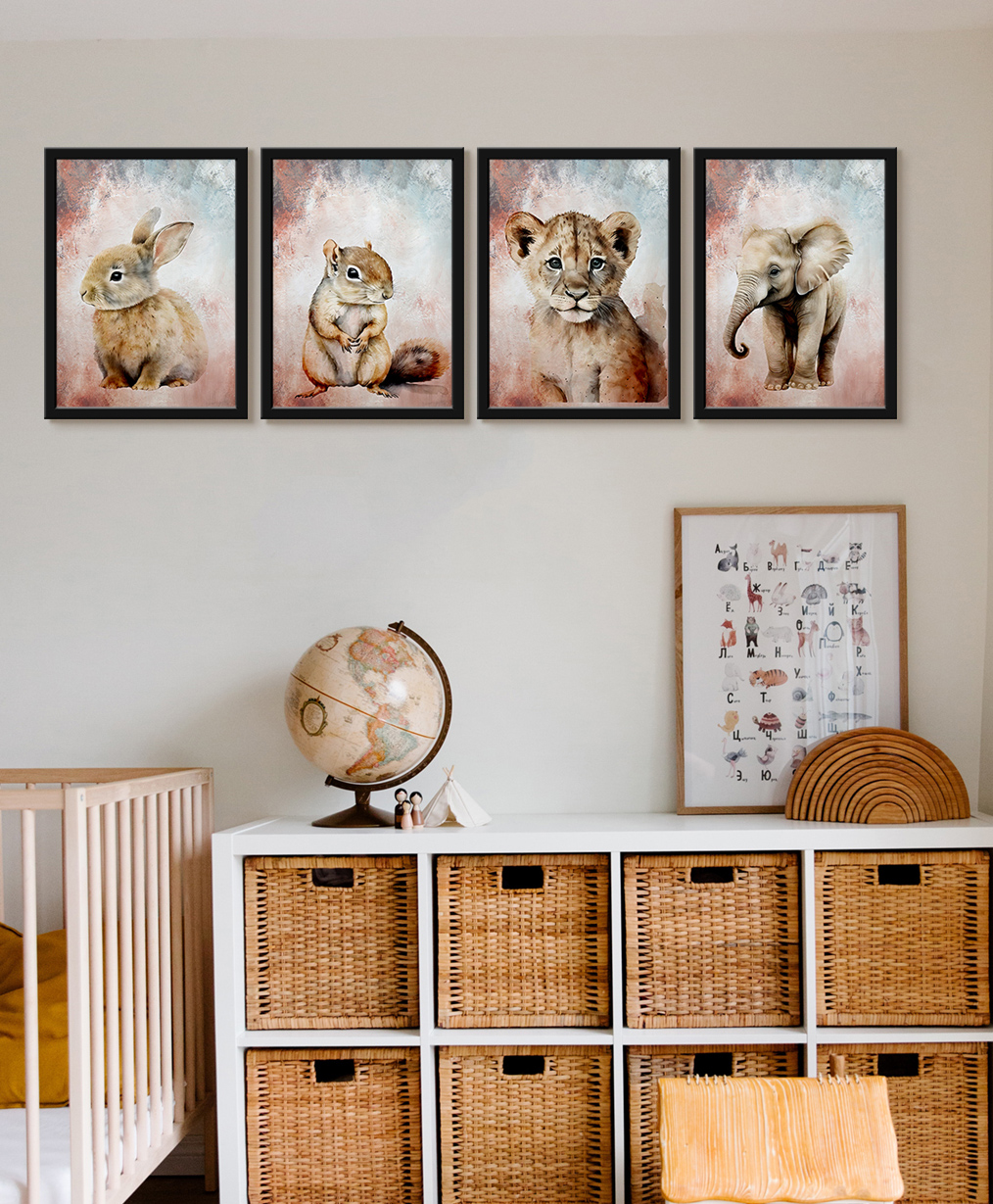 999Store Modern Art Kids Painting For Wall Decor - Rabbit Squirrel Baby Lion Elephant-image-1