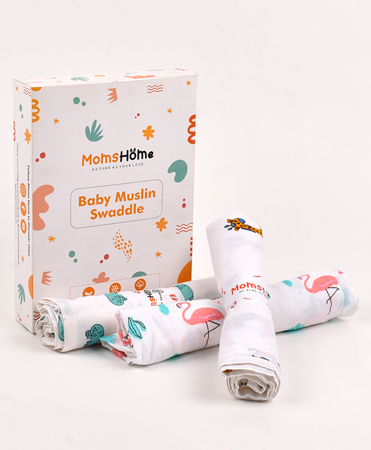 Moms Home Organic Cotton Baby Muslin Swaddle Yellow Giraffe, Flamingo & Cute Elephnat - Pack of 3 - Multicolour-image-35