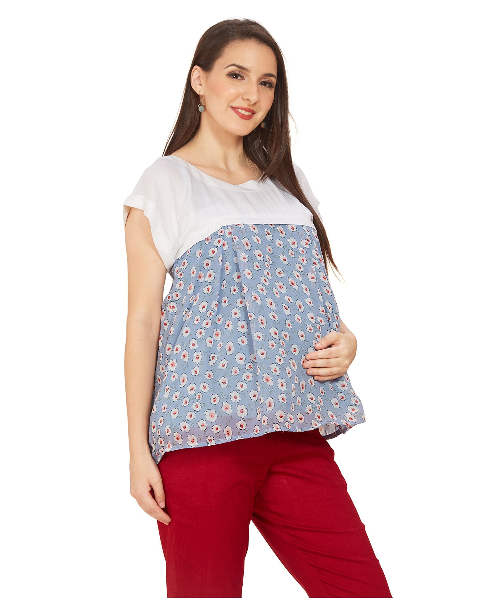 Mom for sure by Ketki Dalal Half Sleeves Floral Printed Maternity Top With Concealed Zipper Nursing Access - Blue-image-48