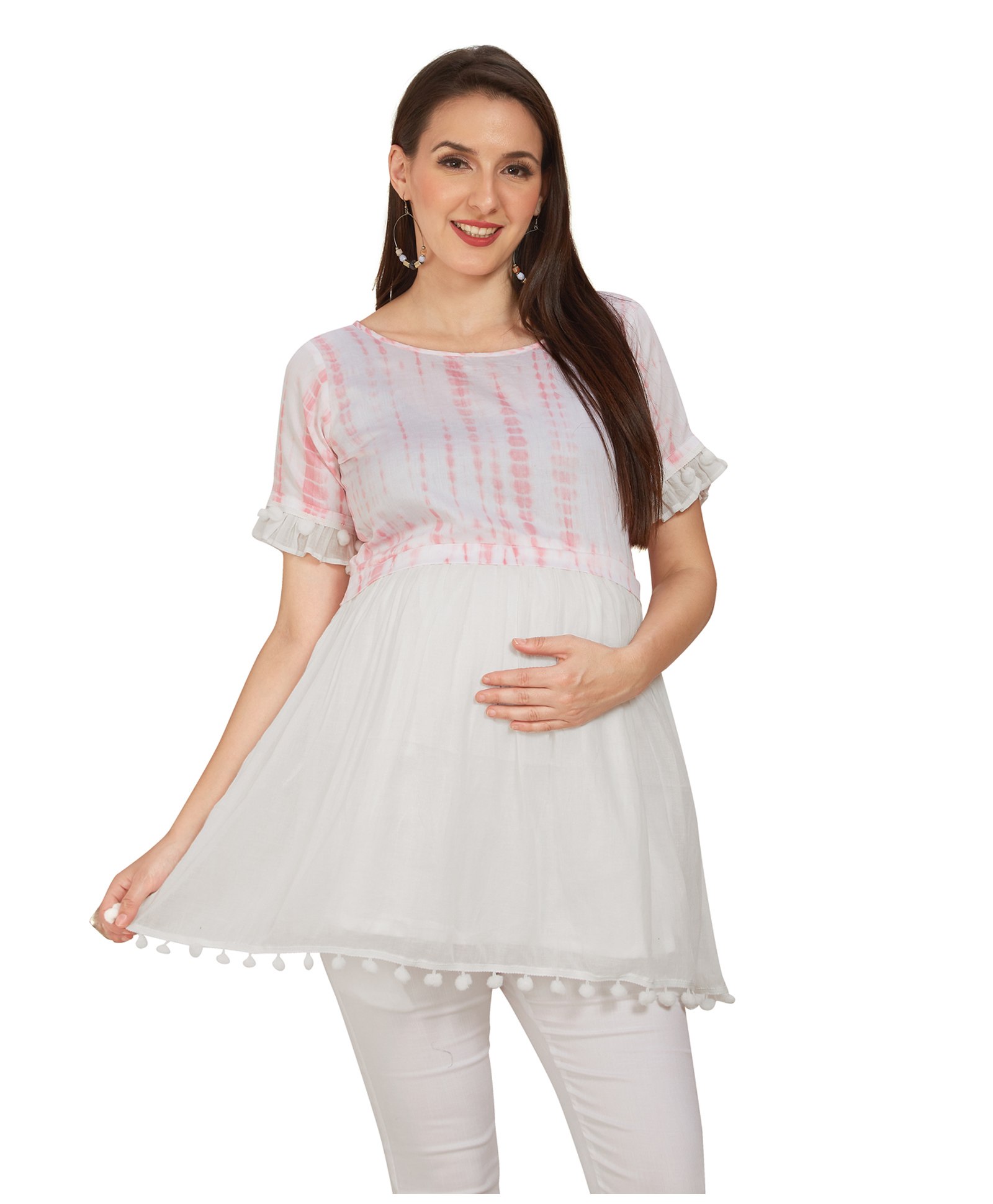 Mom for sure by Ketki Dalal Frilled Half Sleeves Shibori Tie & Dye Maternity Top With Concealed Zipper Nursing Access - Pink-image-24