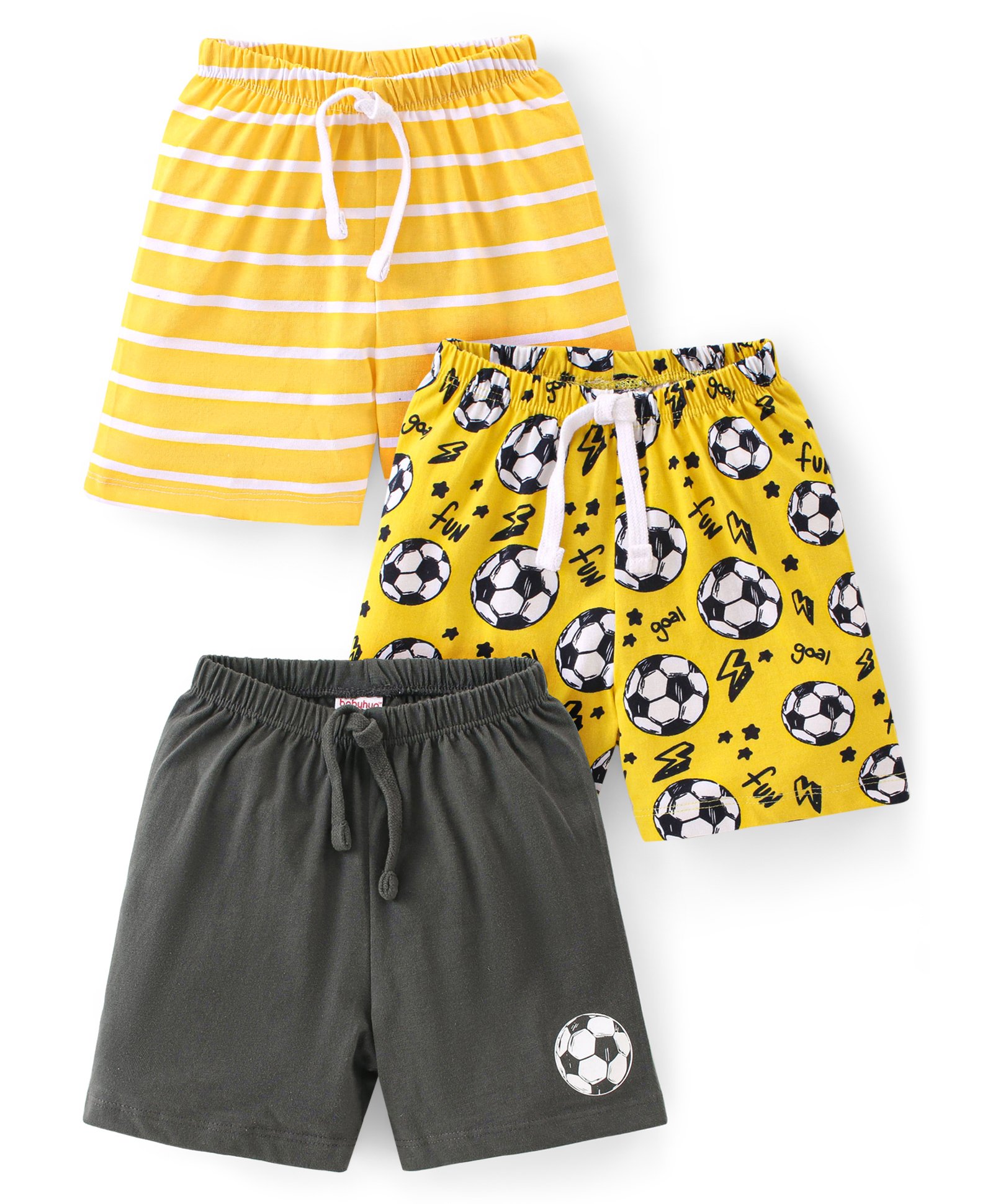 Babyhug Cotton Single Jersey Knit Shorts Stripes & Ball Print Pack Of 3 - Yellow & Black-image-18