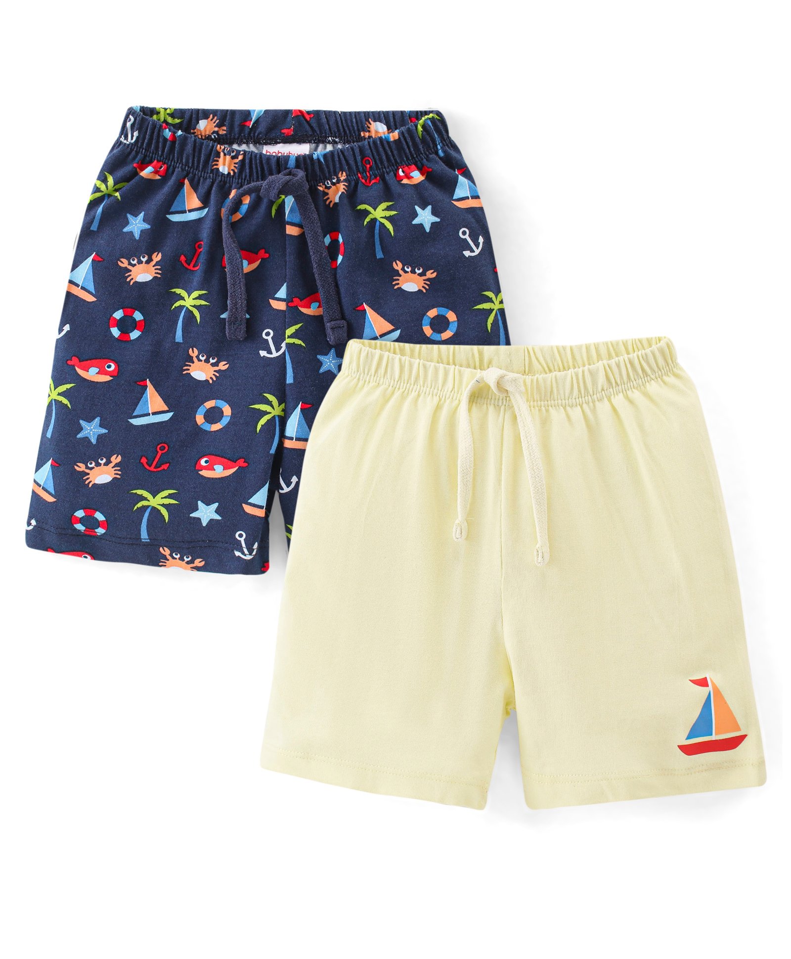 Babyhug Cotton Knit Shorts with Sea Print Pack of 2 - Blue and White-picture-25