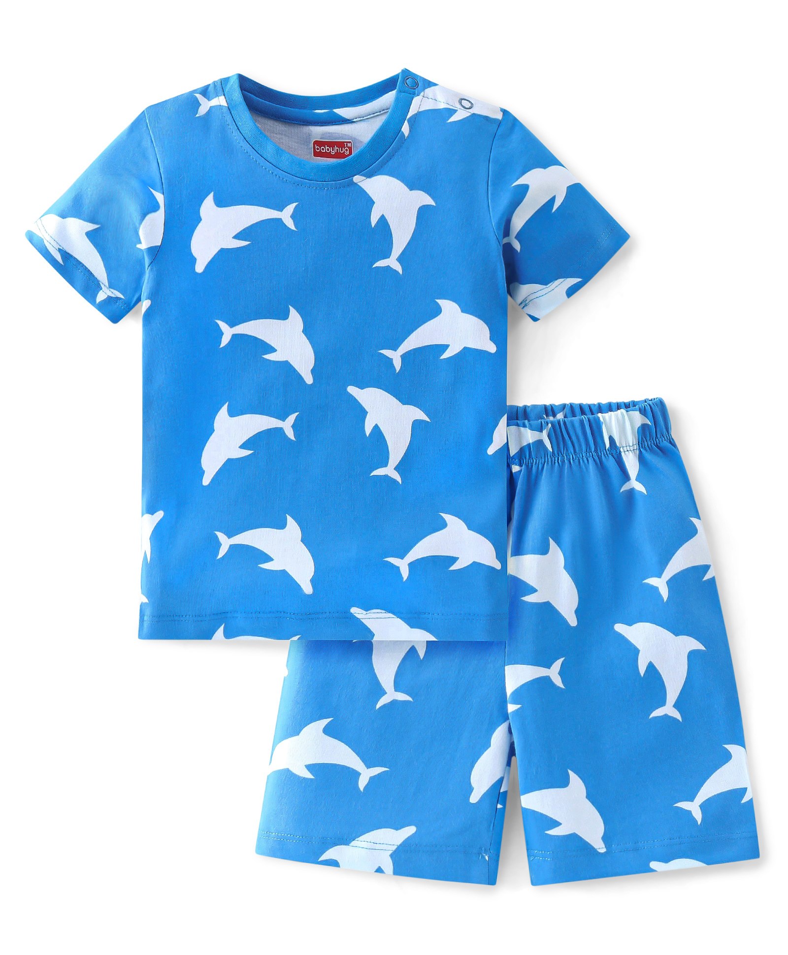 Babyhug Cotton Single Jersey Knit Half Sleeves Night Suit Marine Life Print - Blue-picture-39