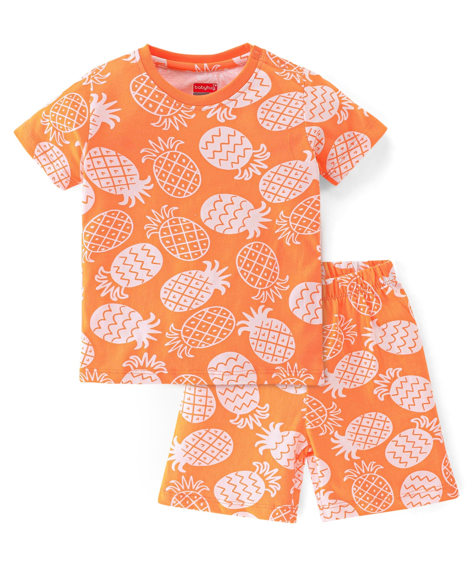 Babyhug Cotton Single Jersey Knit Half Sleeves Night Suit Pineapple Print - Orange-image-19