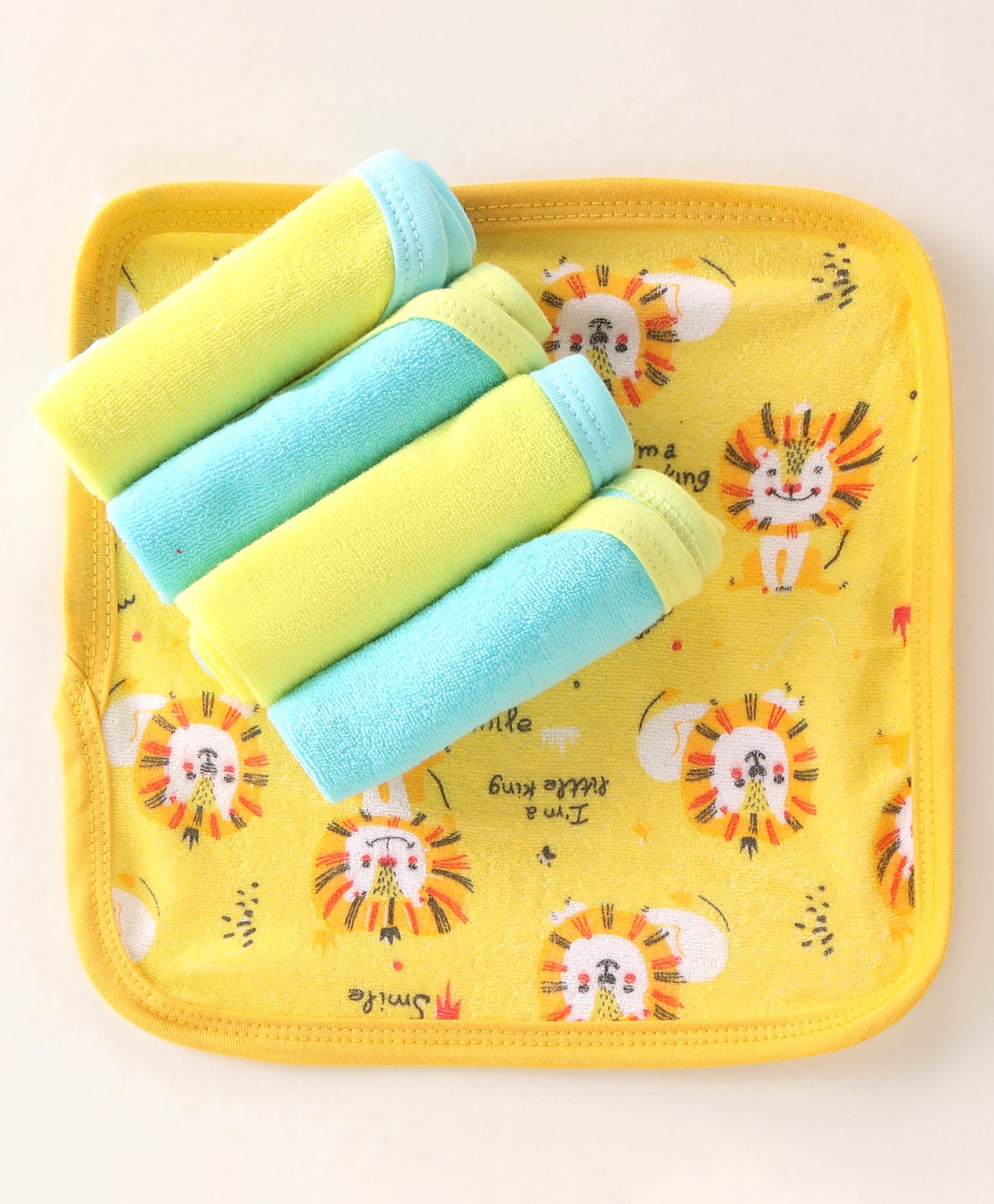 OHMS Terry Hand & Face Towels Lion Print Pack of 5 - Yellow & Blue-image-29