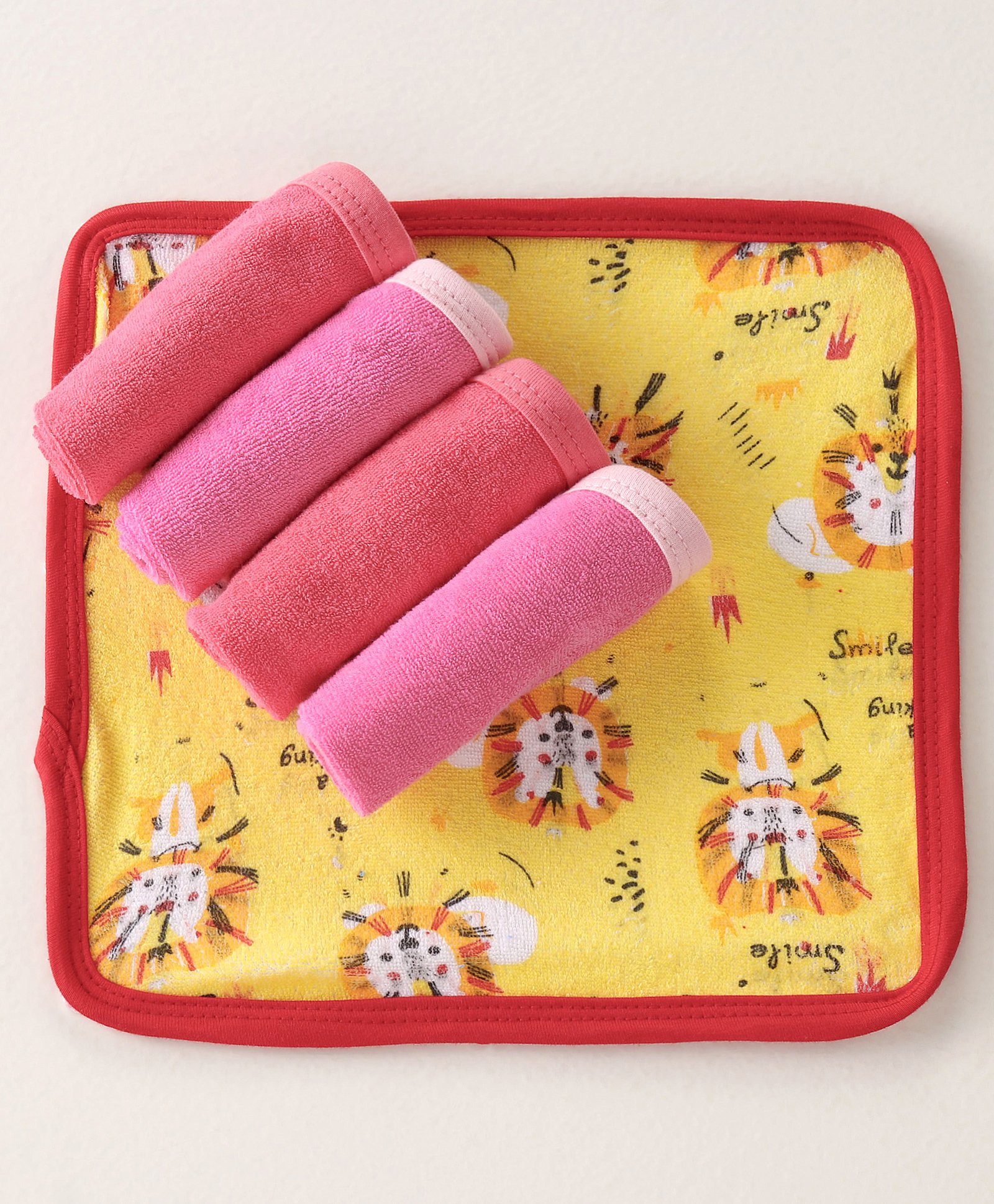 OHMS Terry Hand & Face Towels Lion Print Pack of 5 - Yellow & Pink-image-27