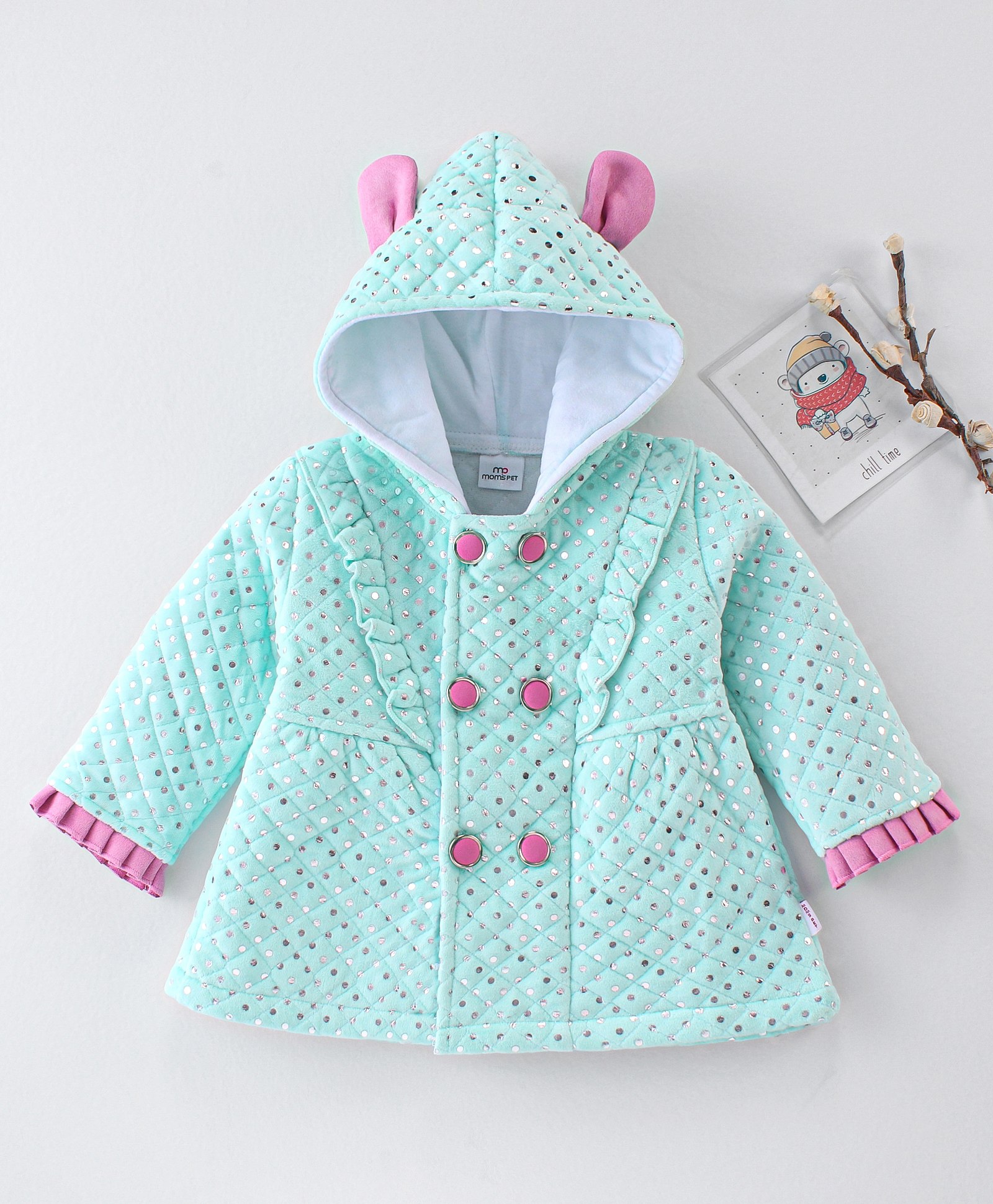 Mom's pet Full Sleeves Frill Detailed Beads Embellished Hooded Jacket - Green-picture-11