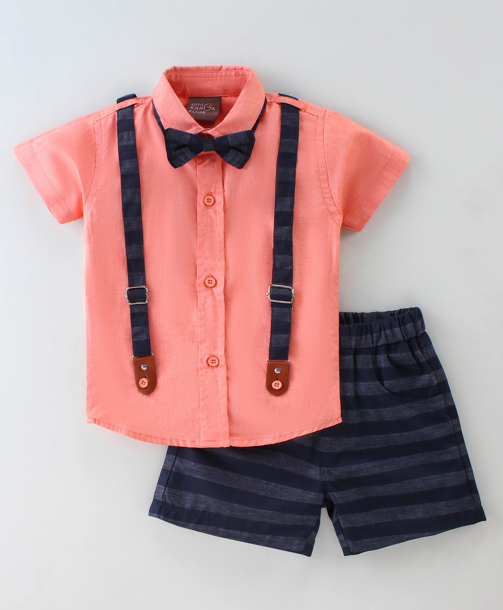 Little Kangaroos Cotton Woven Half Sleeves Shirt and Shorts Set with Bow  & Suspender - Orange-picture-11