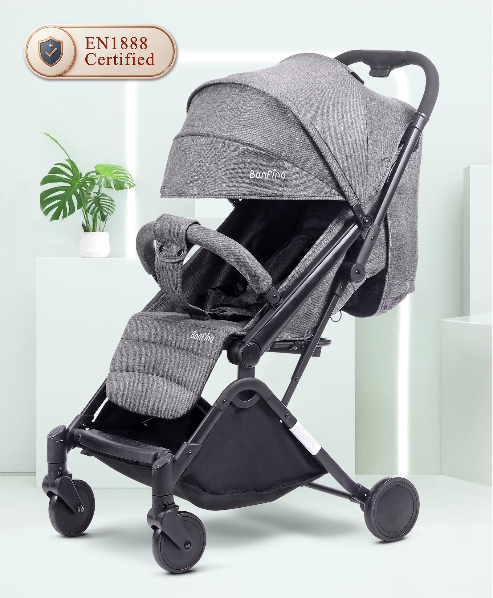 Bonfino Feather Lite Cabin Stroller with Linen Fabric and Compact Tri-fold - Grey-picture-17