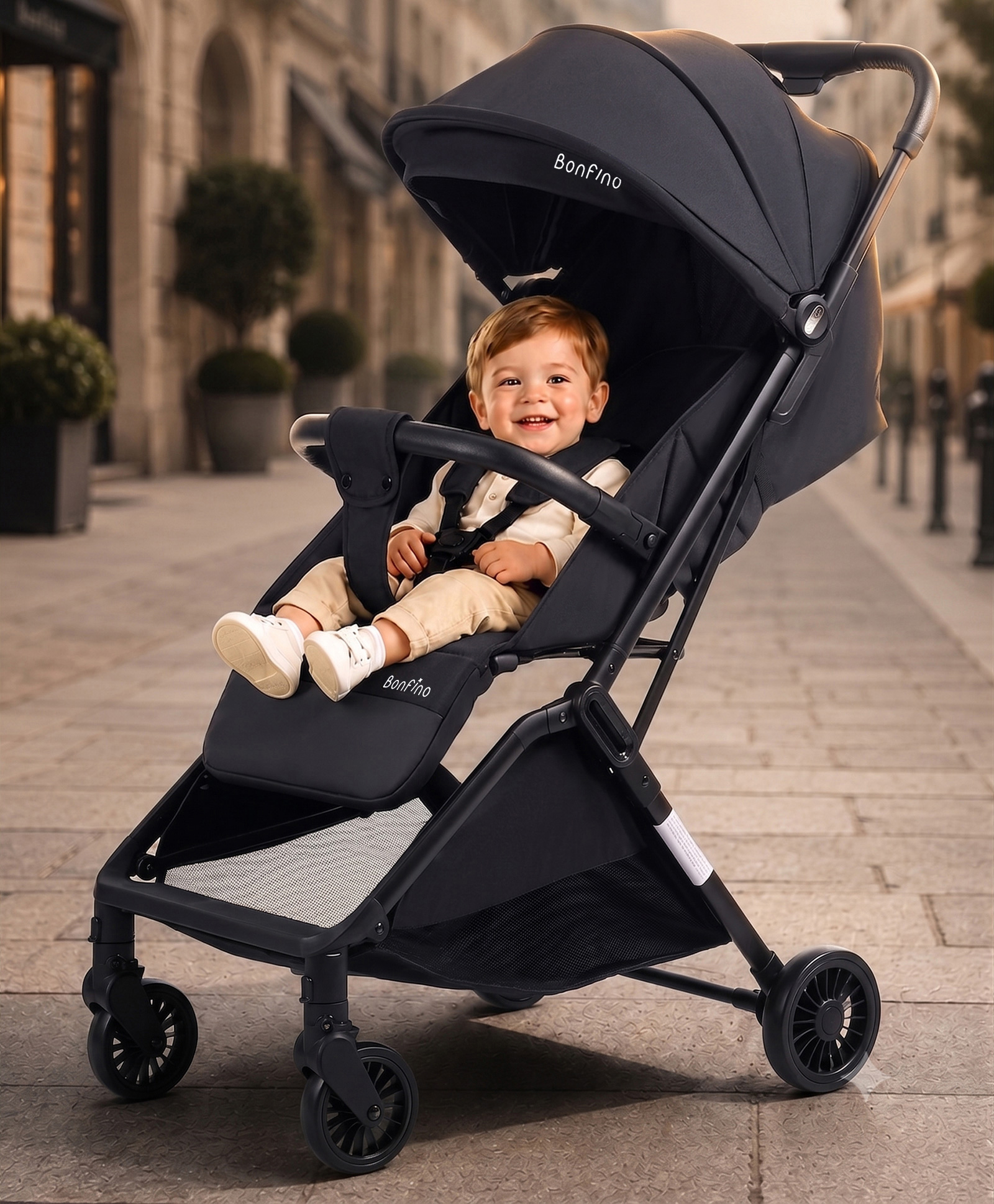 Bonfino AirLuxe Cabin Stroller with Linen Fabric and Compact Tri-fold - Black-picture-24