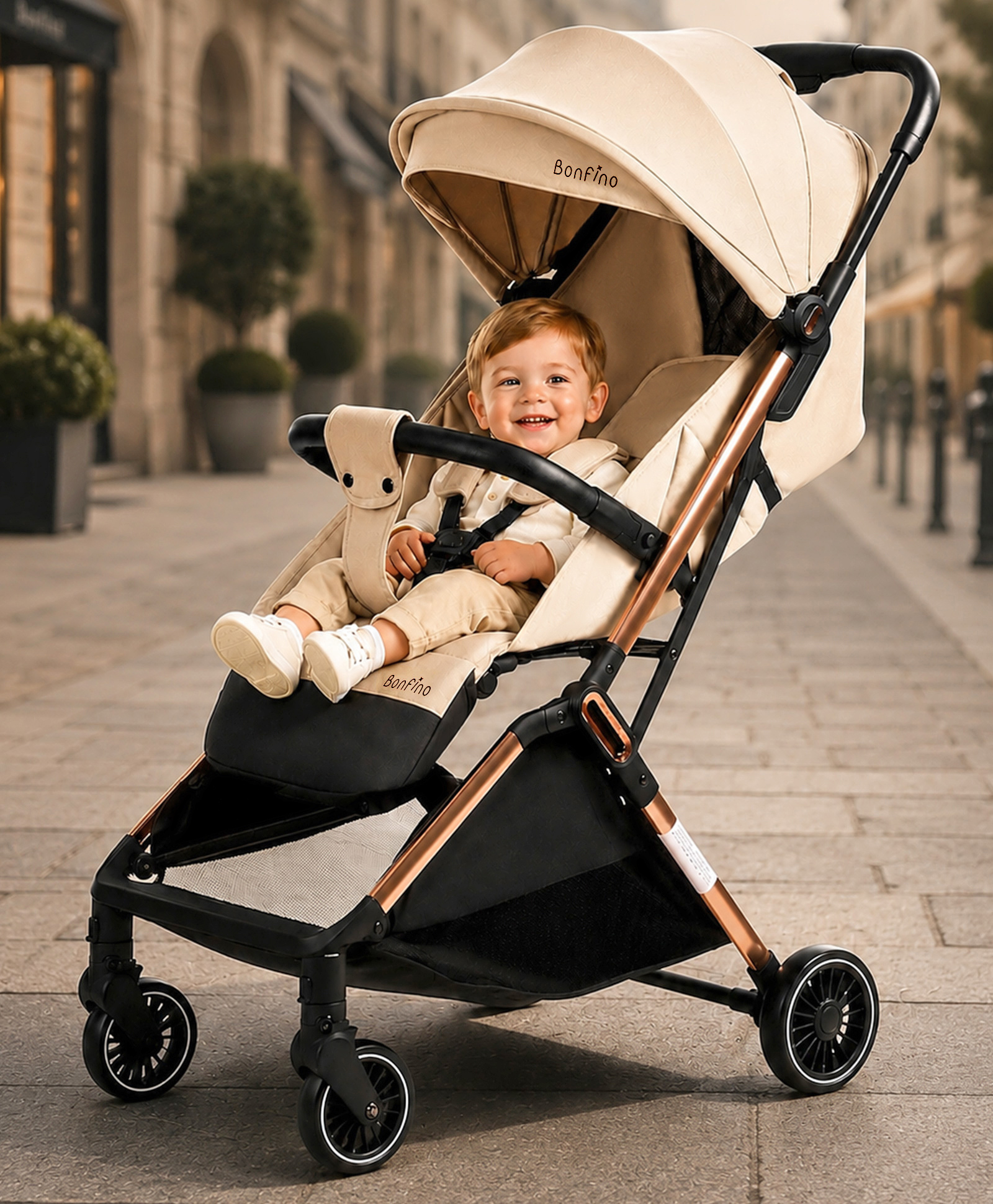 Bonfino AirLuxe Cabin Stroller with Linen Fabric and Compact Tri-fold - Beige-picture-16