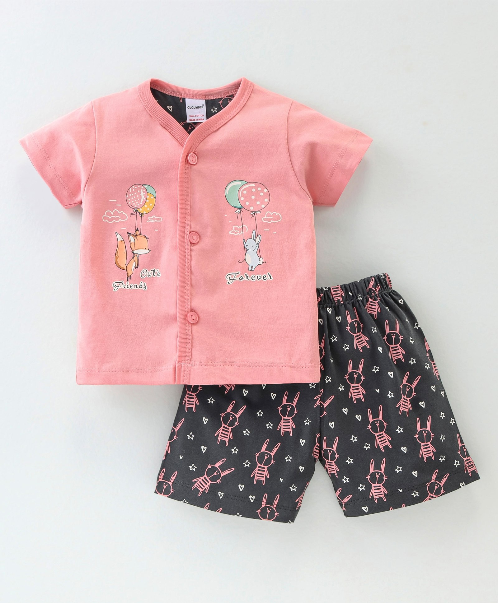 CUCUMBER Sinker Half Sleeves Night Suit With Teddy Print - Light Pink-image-44
