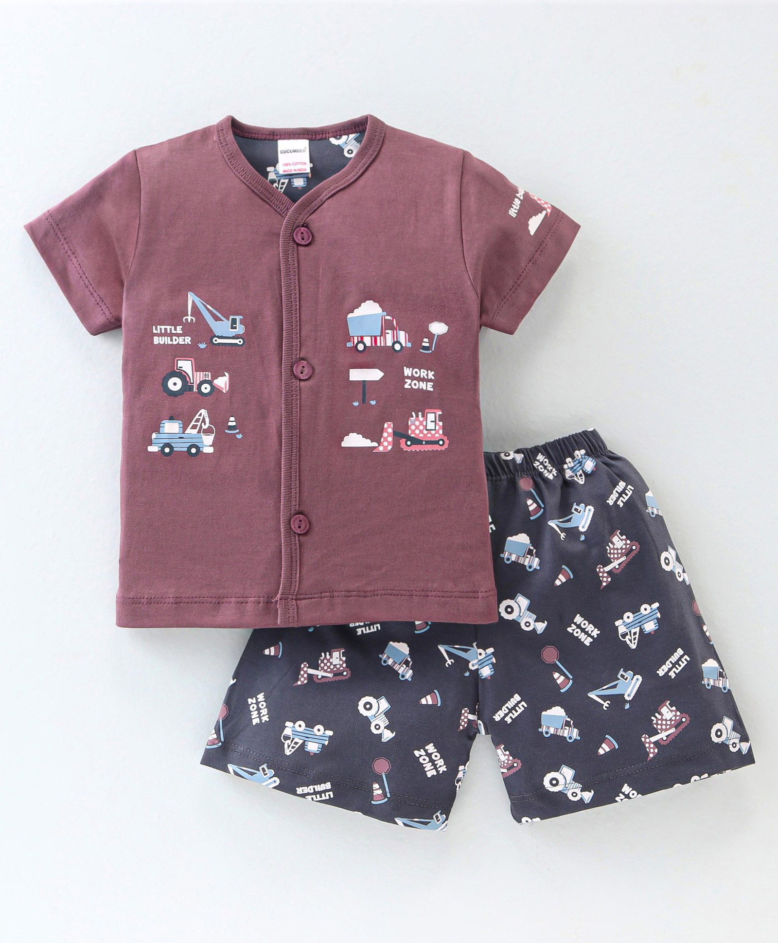 Cucumber Cotton Sinker Knit Half Sleeves Night Suit with JCB Print - Plum-picture-16