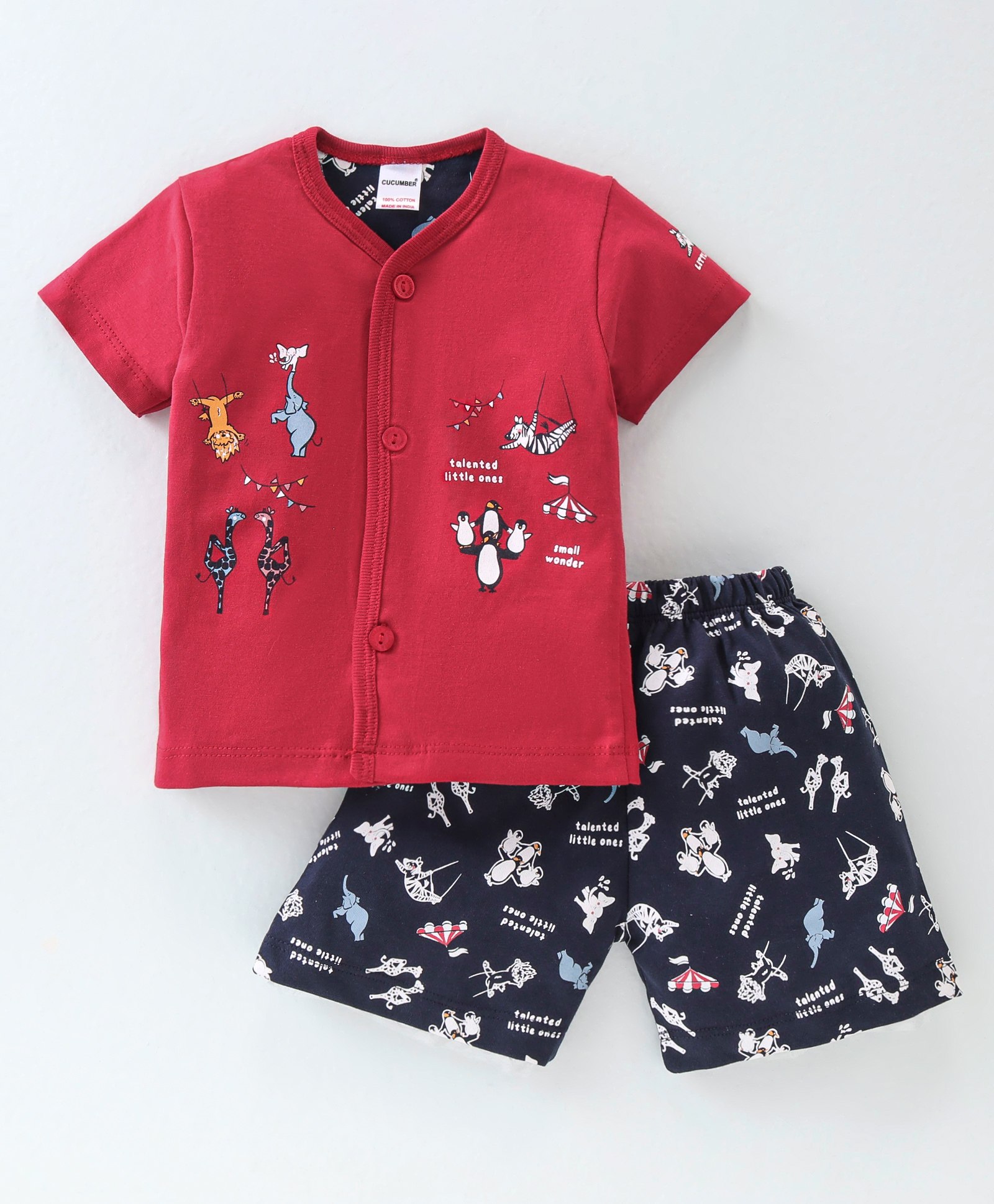 Cucumber Cotton Sinker Knit Half Sleeves Night Suit with Elephant Print - Red-image-18